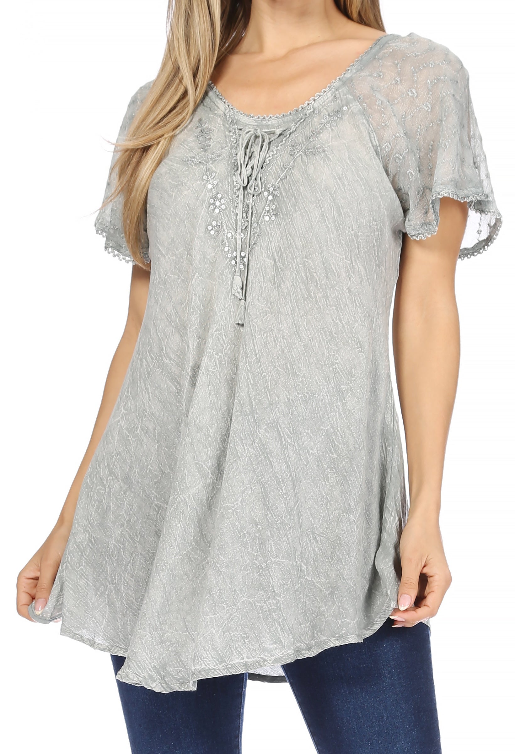 Sakkas - Ellie Sequin Embroidered Cap Sleeve Scoop Neck Relaxed Fit Blouse