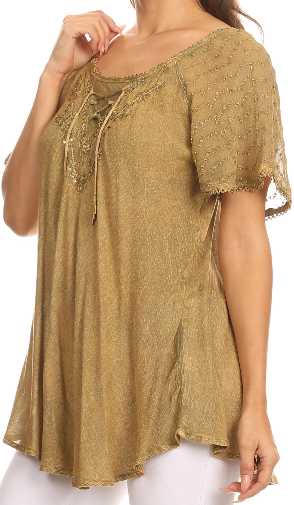 Sakkas - Ellie Sequin Embroidered Cap Sleeve Scoop Neck Relaxed Fit Blouse