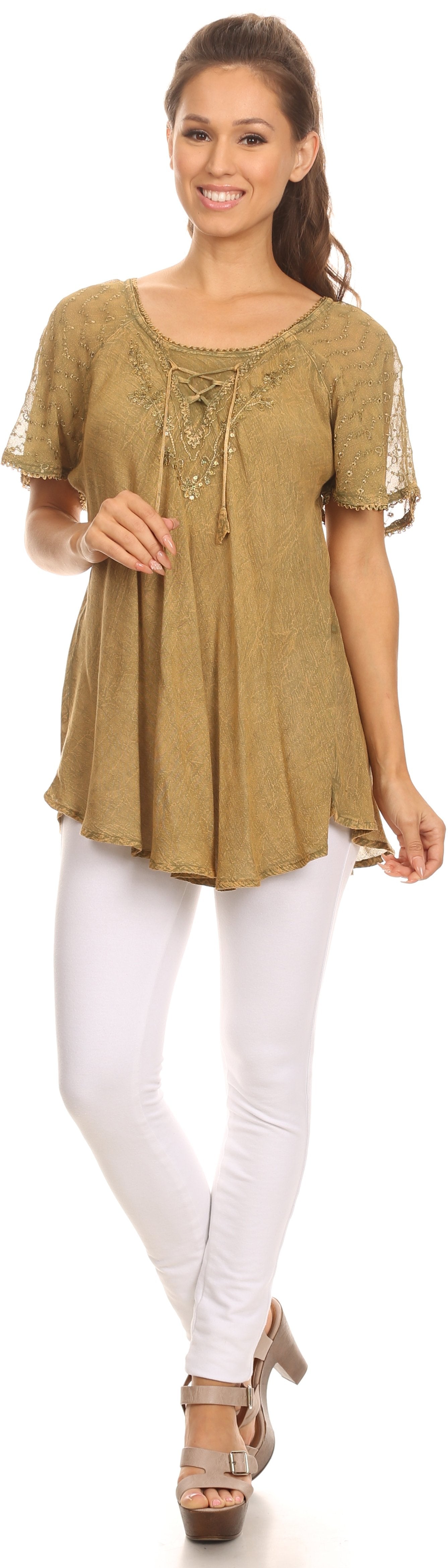 Sakkas - Ellie Sequin Embroidered Cap Sleeve Scoop Neck Relaxed Fit Blouse