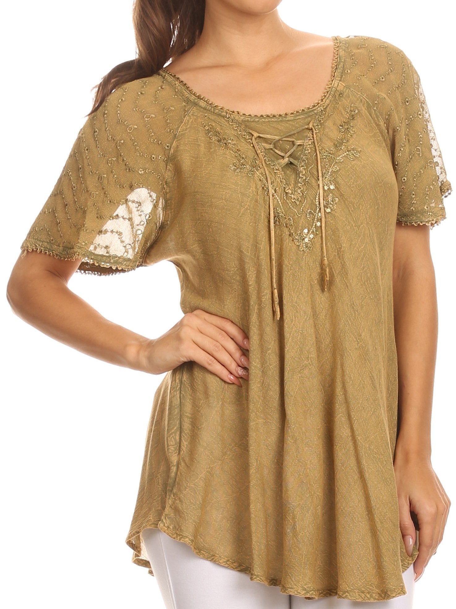 Sakkas - Ellie Sequin Embroidered Cap Sleeve Scoop Neck Relaxed Fit Blouse