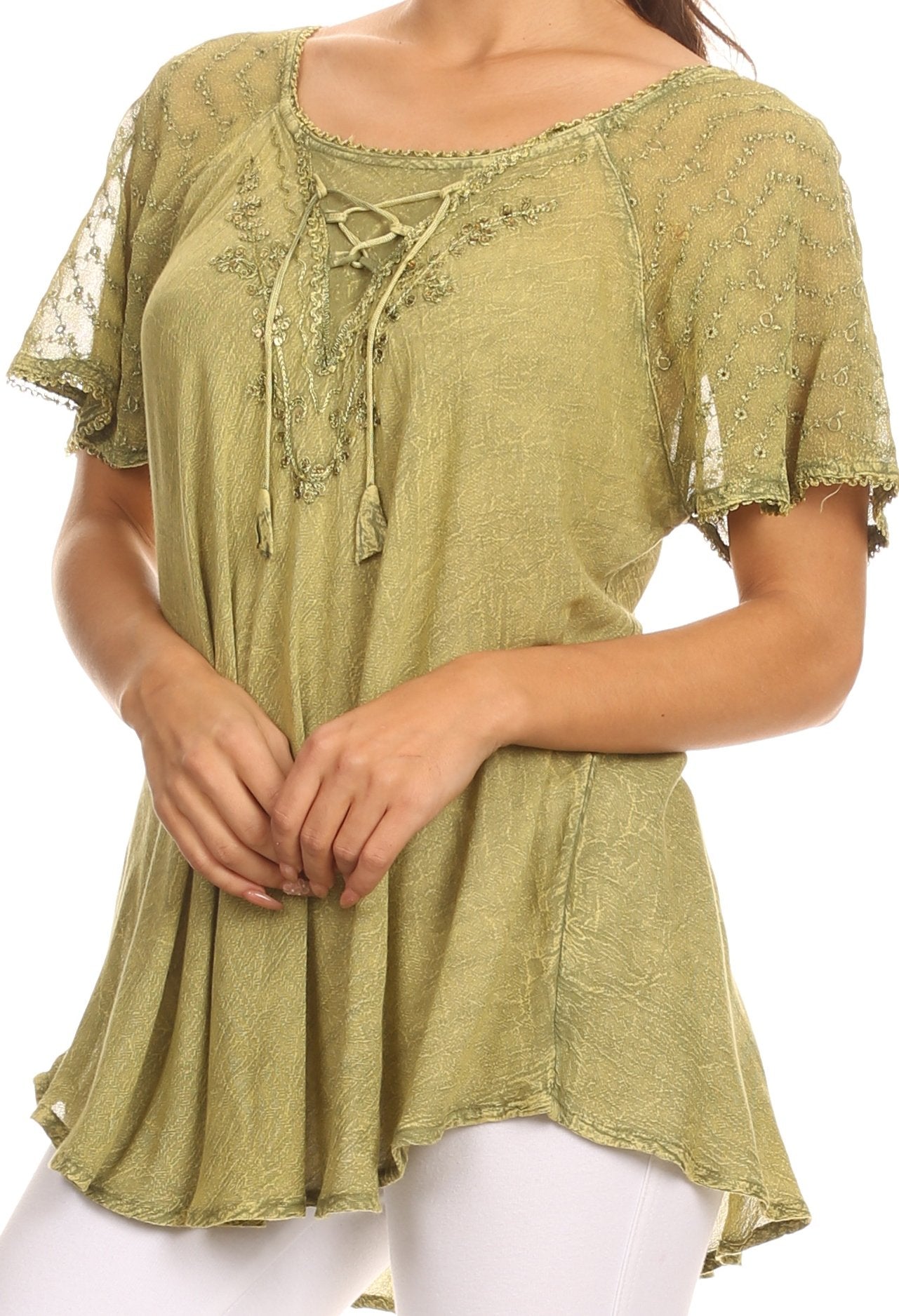 Sakkas - Ellie Sequin Embroidered Cap Sleeve Scoop Neck Relaxed Fit Blouse