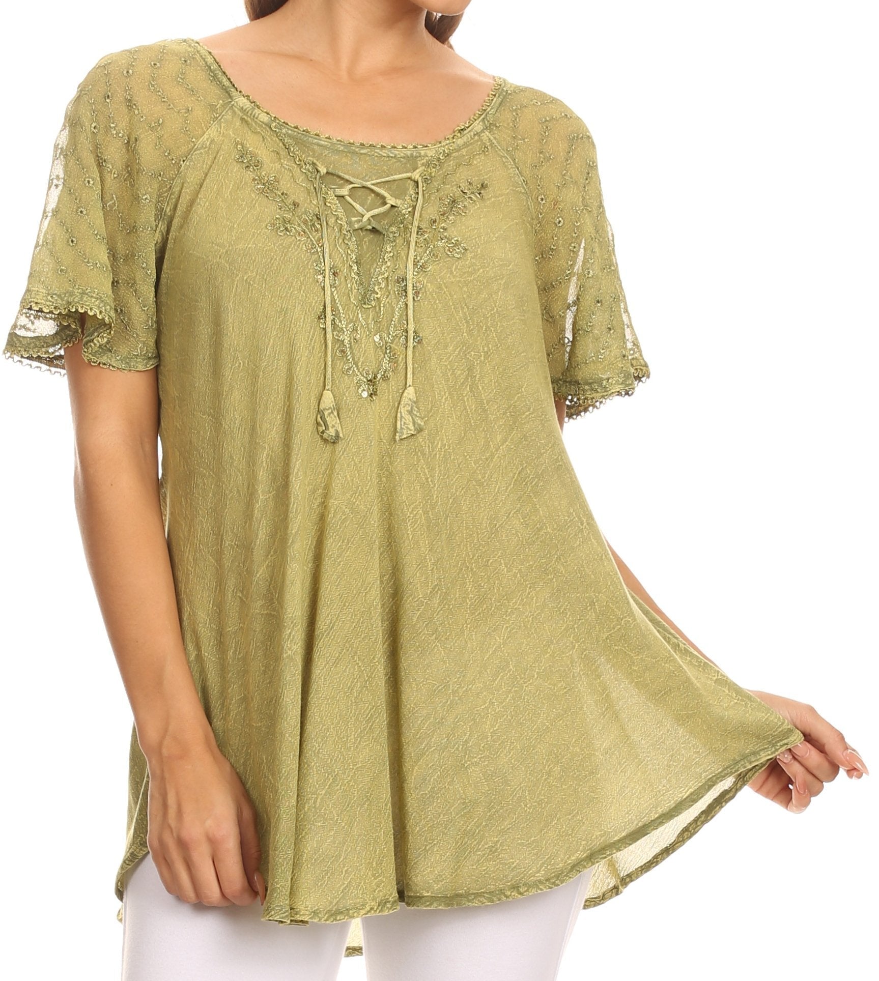 Sakkas - Ellie Sequin Embroidered Cap Sleeve Scoop Neck Relaxed Fit Blouse