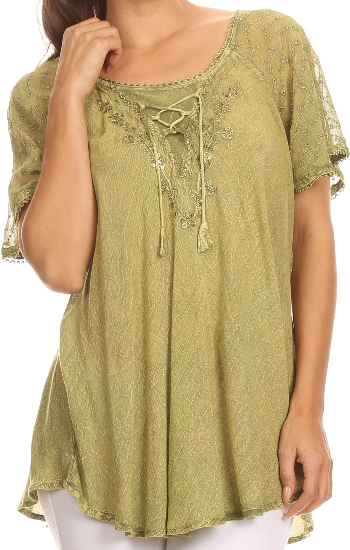 Sakkas - Ellie Sequin Embroidered Cap Sleeve Scoop Neck Relaxed Fit Blouse