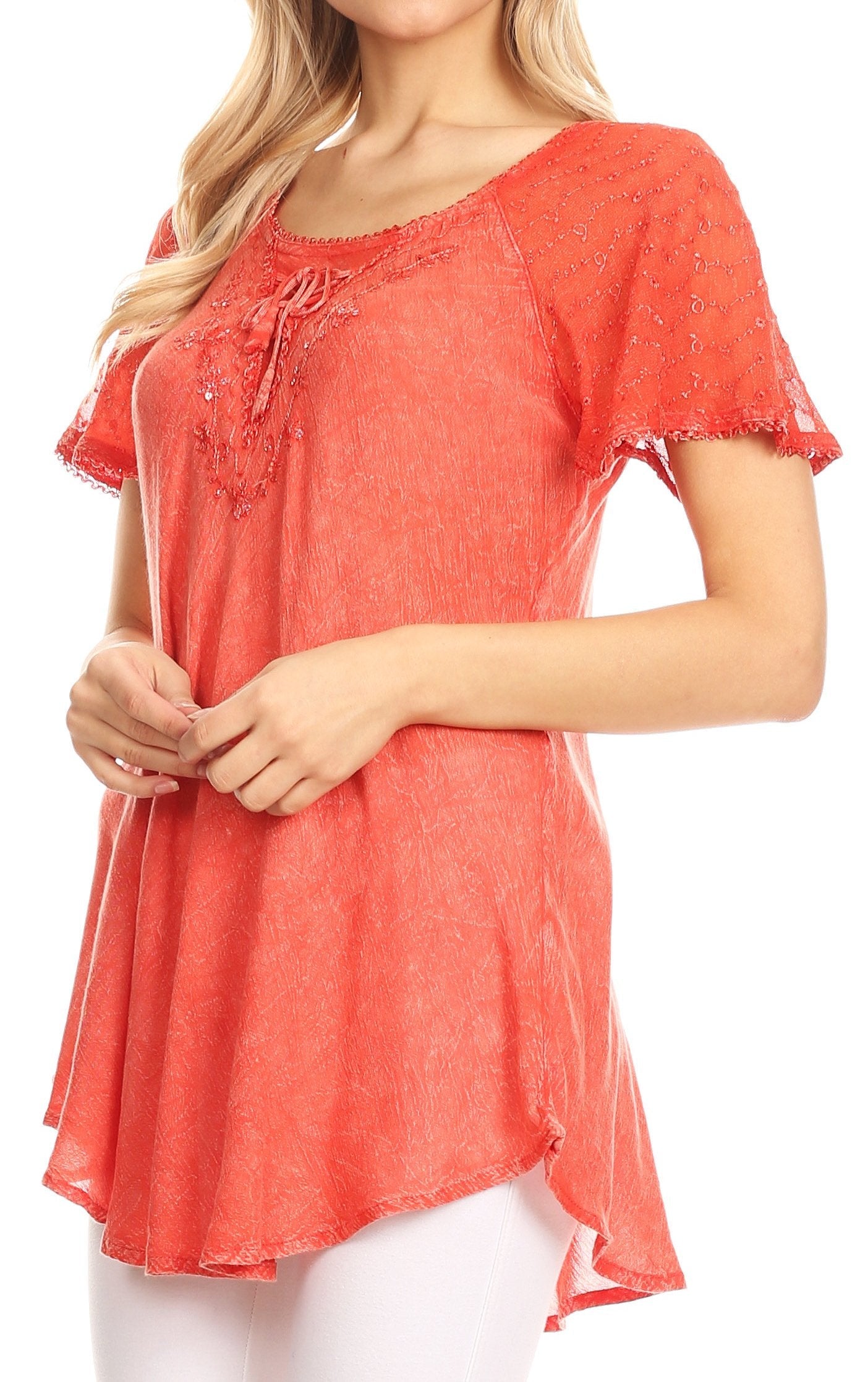 Sakkas - Ellie Sequin Embroidered Cap Sleeve Scoop Neck Relaxed Fit Blouse