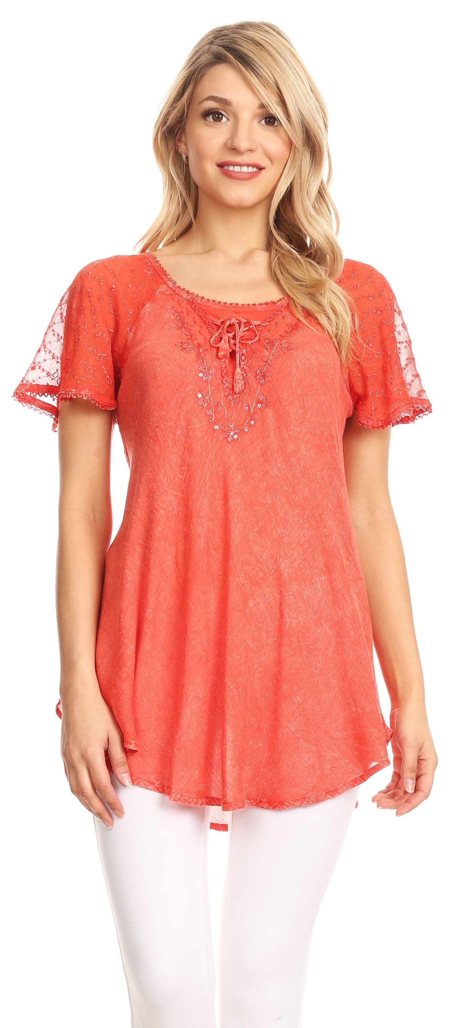 Sakkas - Ellie Sequin Embroidered Cap Sleeve Scoop Neck Relaxed Fit Blouse