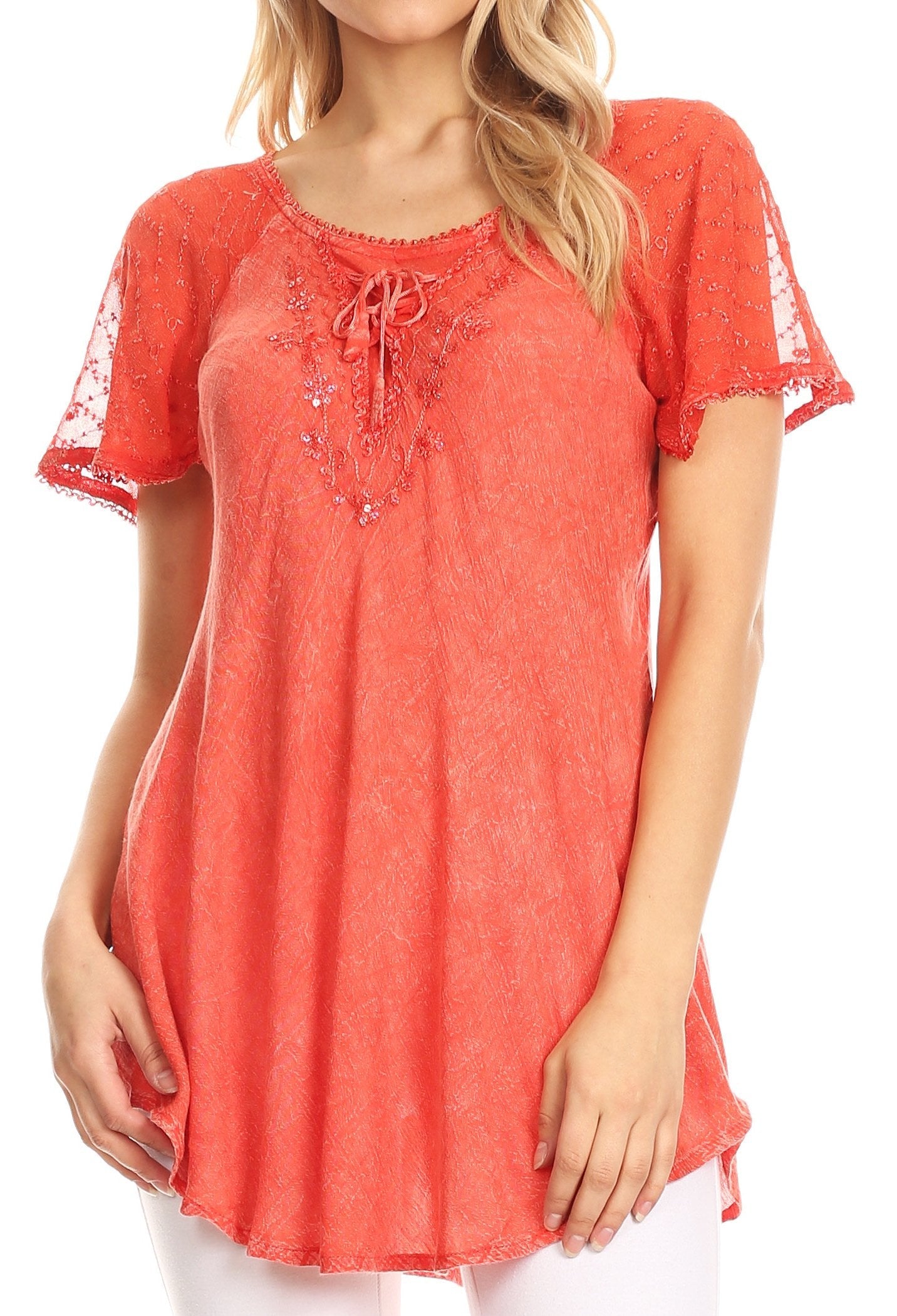 Sakkas - Ellie Sequin Embroidered Cap Sleeve Scoop Neck Relaxed Fit Blouse