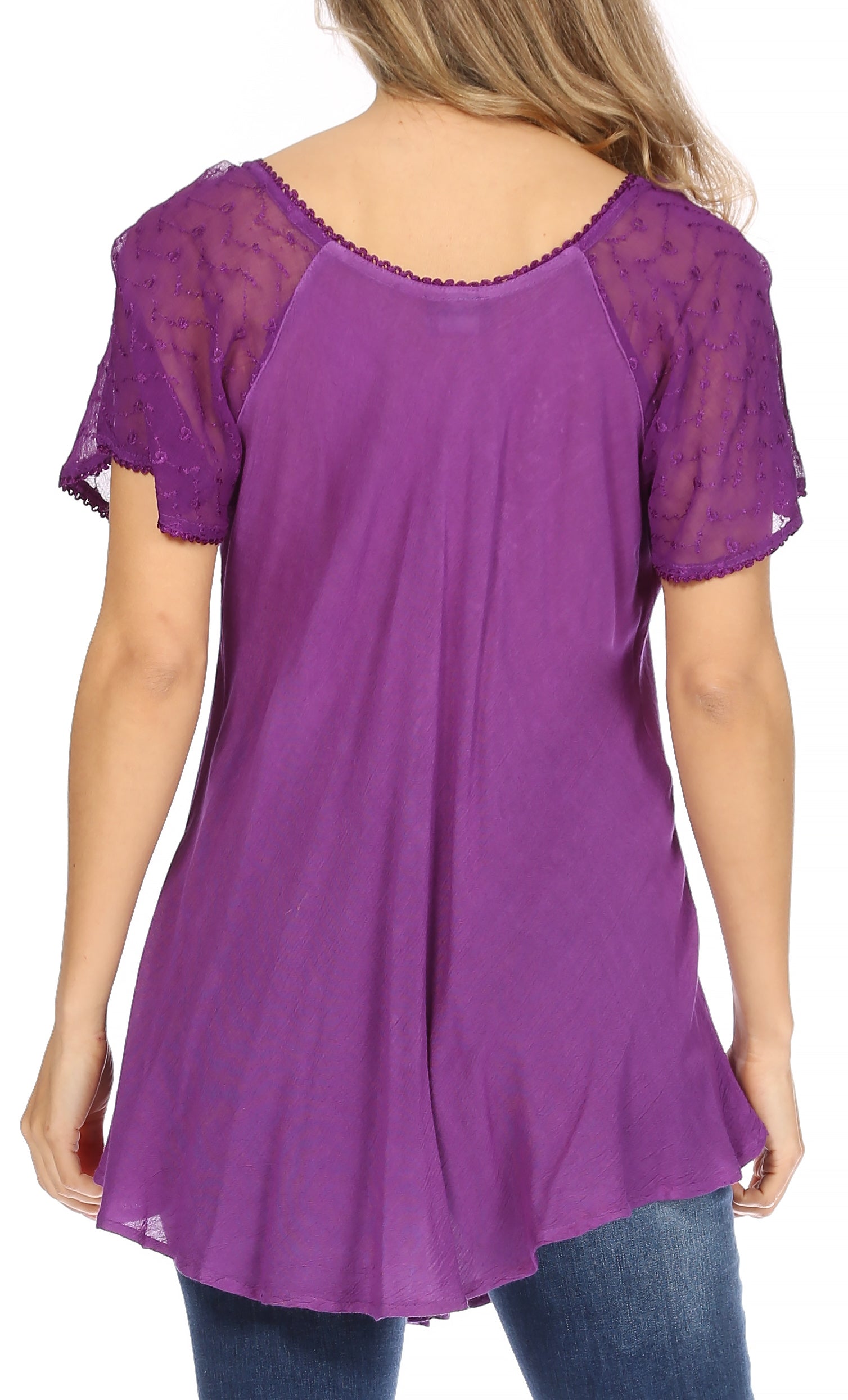 Sakkas - Ellie Sequin Embroidered Cap Sleeve Scoop Neck Relaxed Fit Blouse