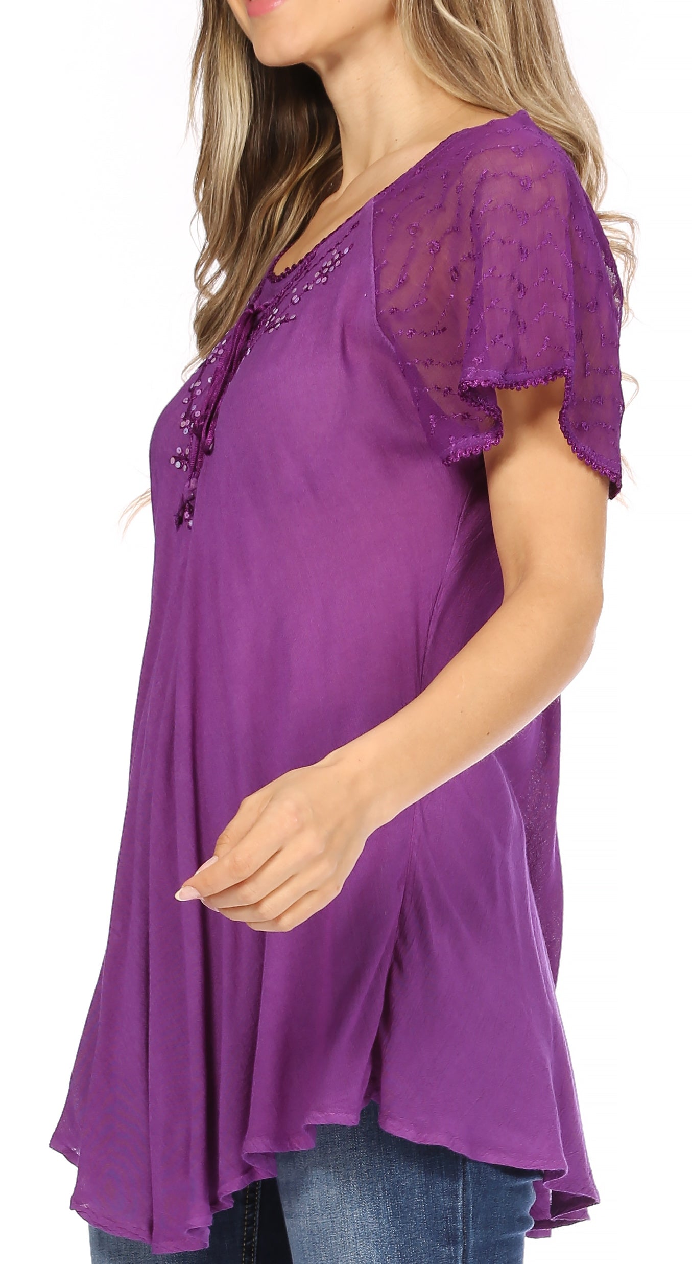 Sakkas - Ellie Sequin Embroidered Cap Sleeve Scoop Neck Relaxed Fit Blouse