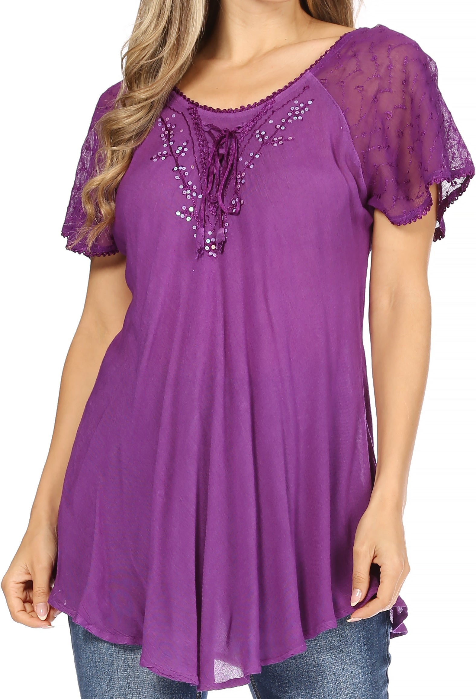 Sakkas - Ellie Sequin Embroidered Cap Sleeve Scoop Neck Relaxed Fit Blouse