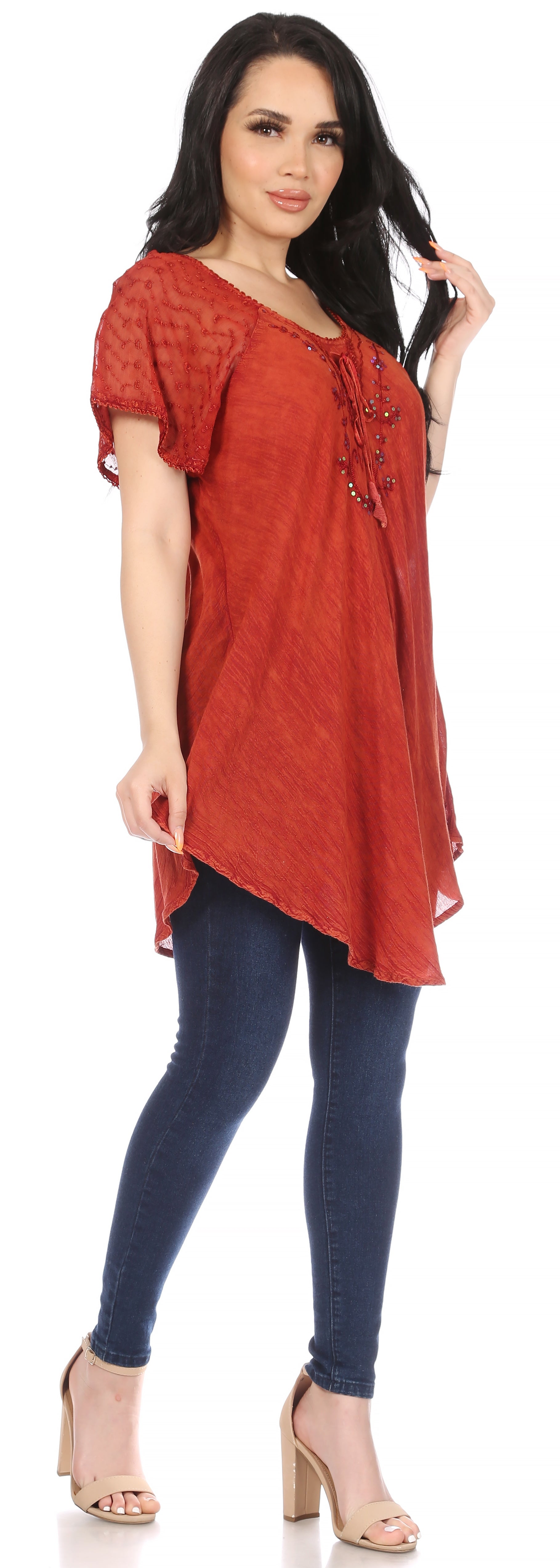 Sakkas - Ellie Sequin Embroidered Cap Sleeve Scoop Neck Relaxed Fit Blouse