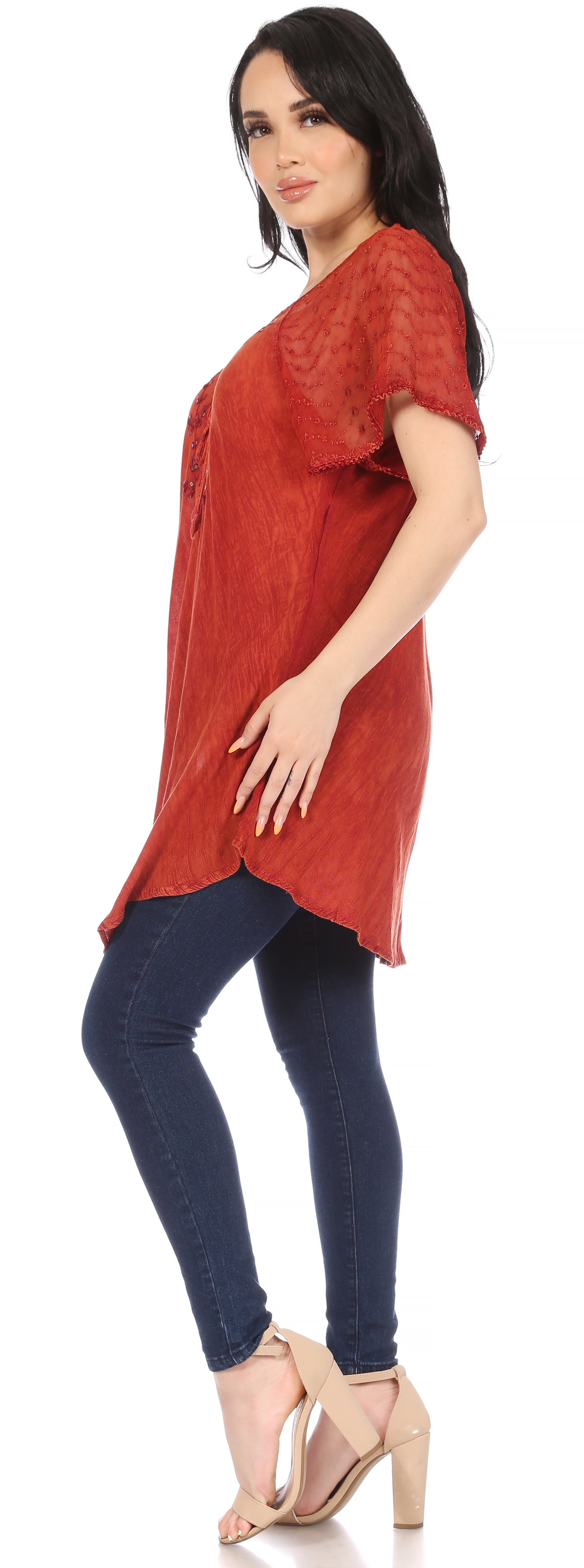 Sakkas - Ellie Sequin Embroidered Cap Sleeve Scoop Neck Relaxed Fit Blouse