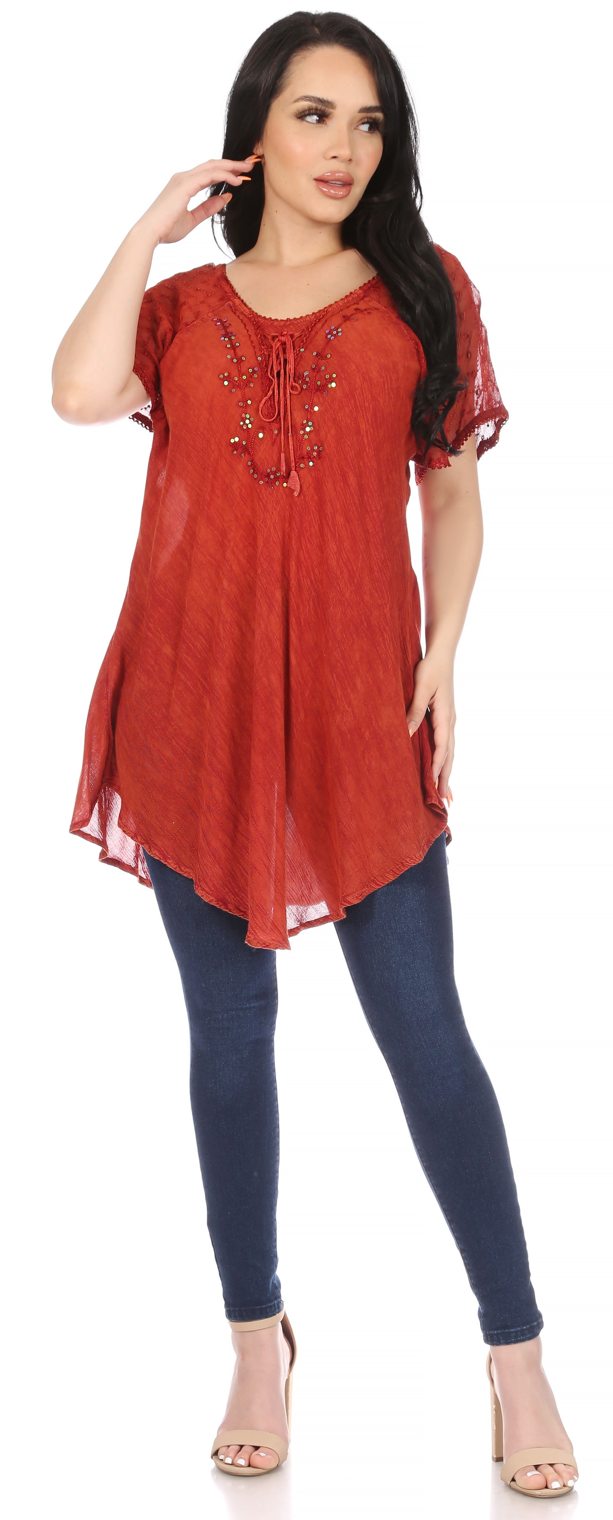Sakkas - Ellie Sequin Embroidered Cap Sleeve Scoop Neck Relaxed Fit Blouse