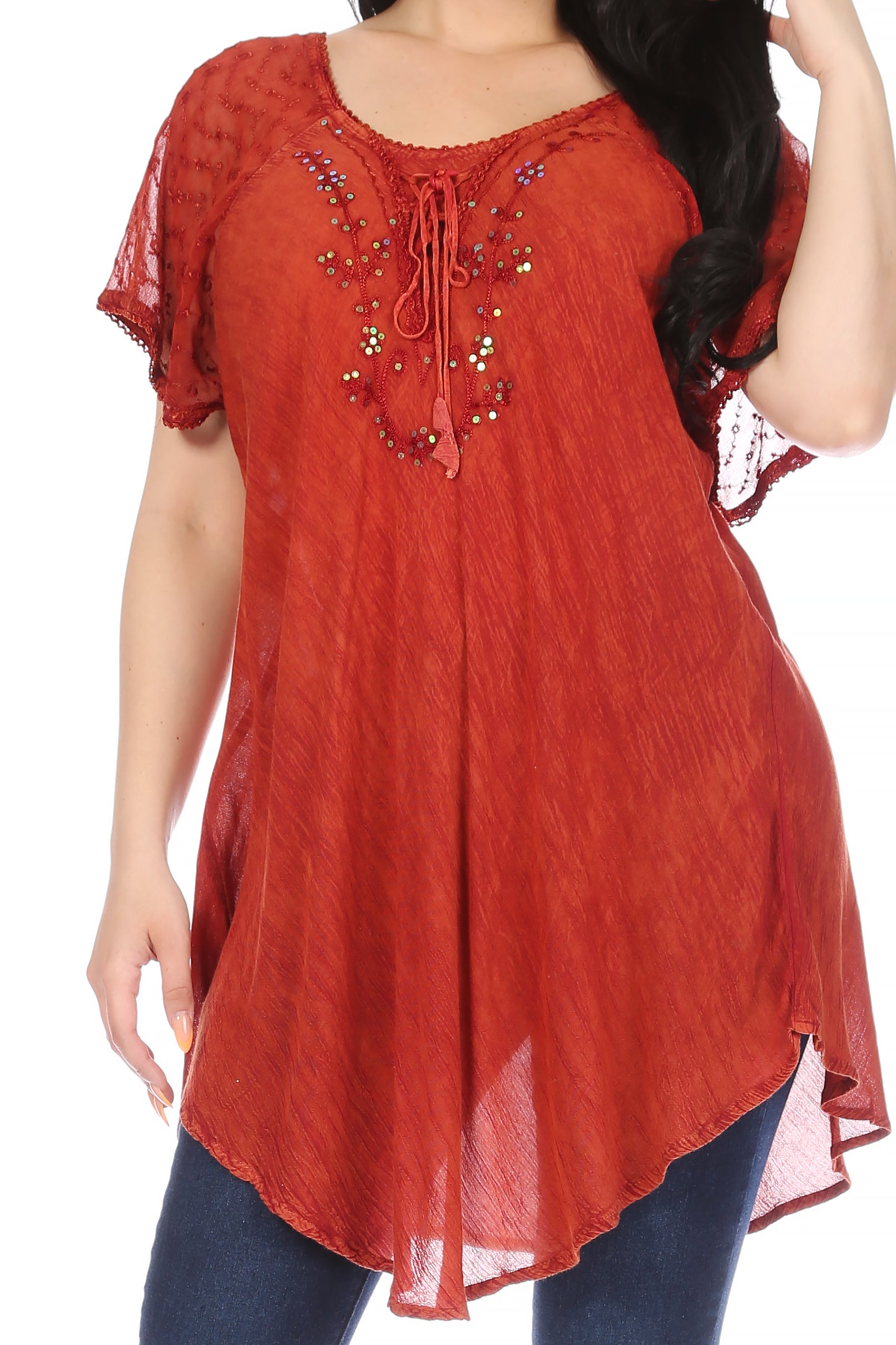 Sakkas - Ellie Sequin Embroidered Cap Sleeve Scoop Neck Relaxed Fit Blouse