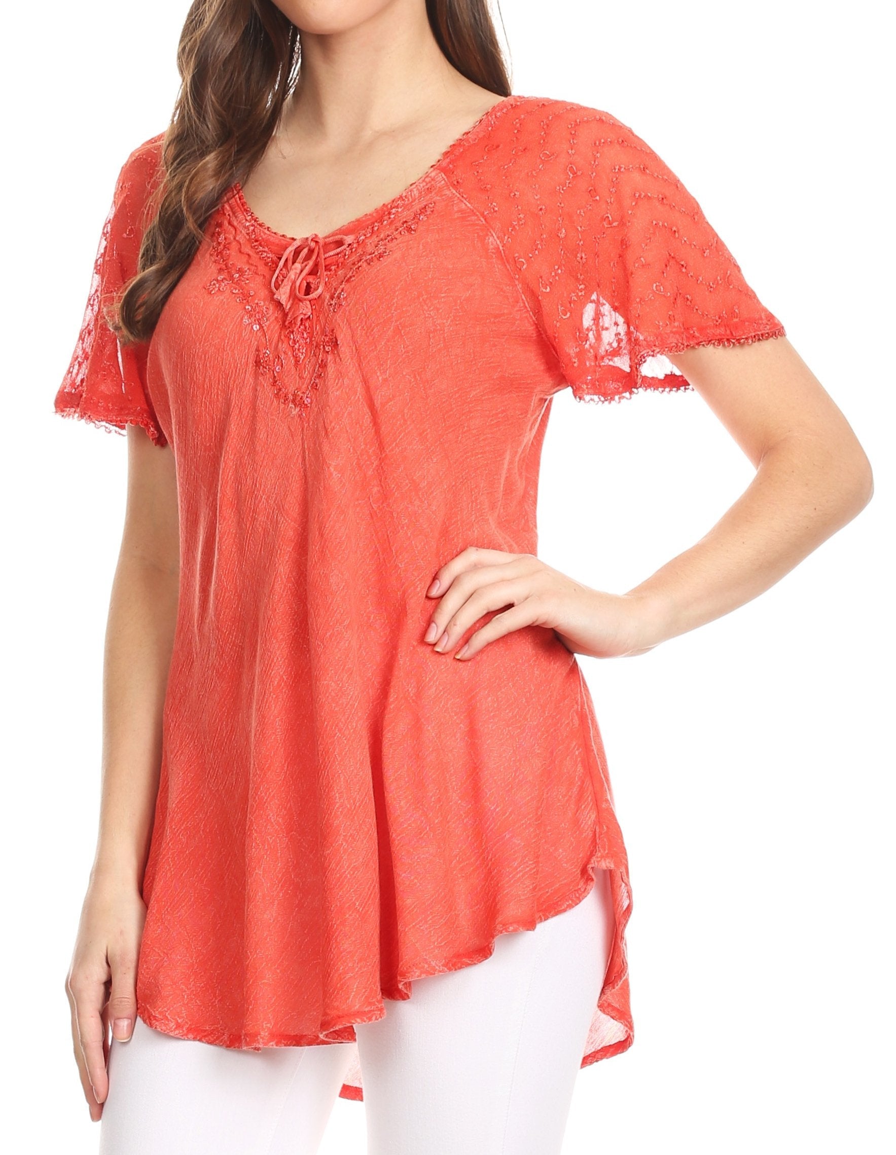 Sakkas - Ellie Sequin Embroidered Cap Sleeve Scoop Neck Relaxed Fit Blouse