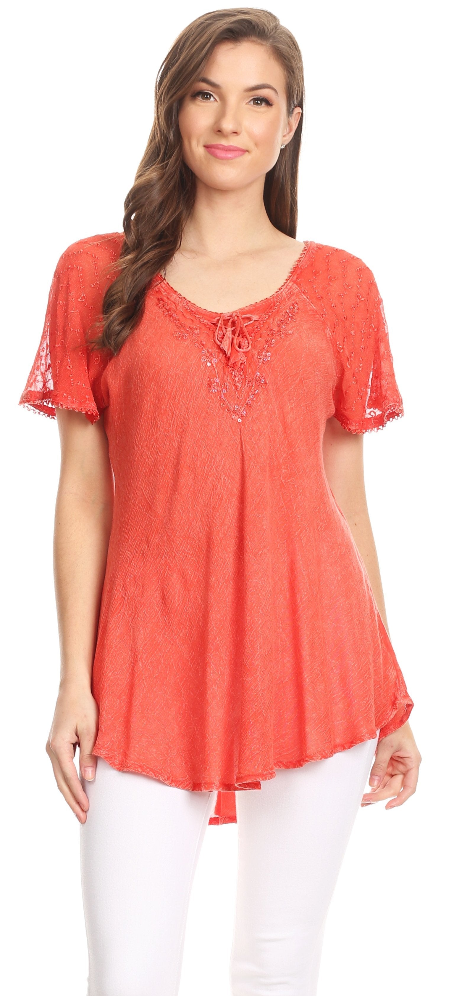 Sakkas - Ellie Sequin Embroidered Cap Sleeve Scoop Neck Relaxed Fit Blouse