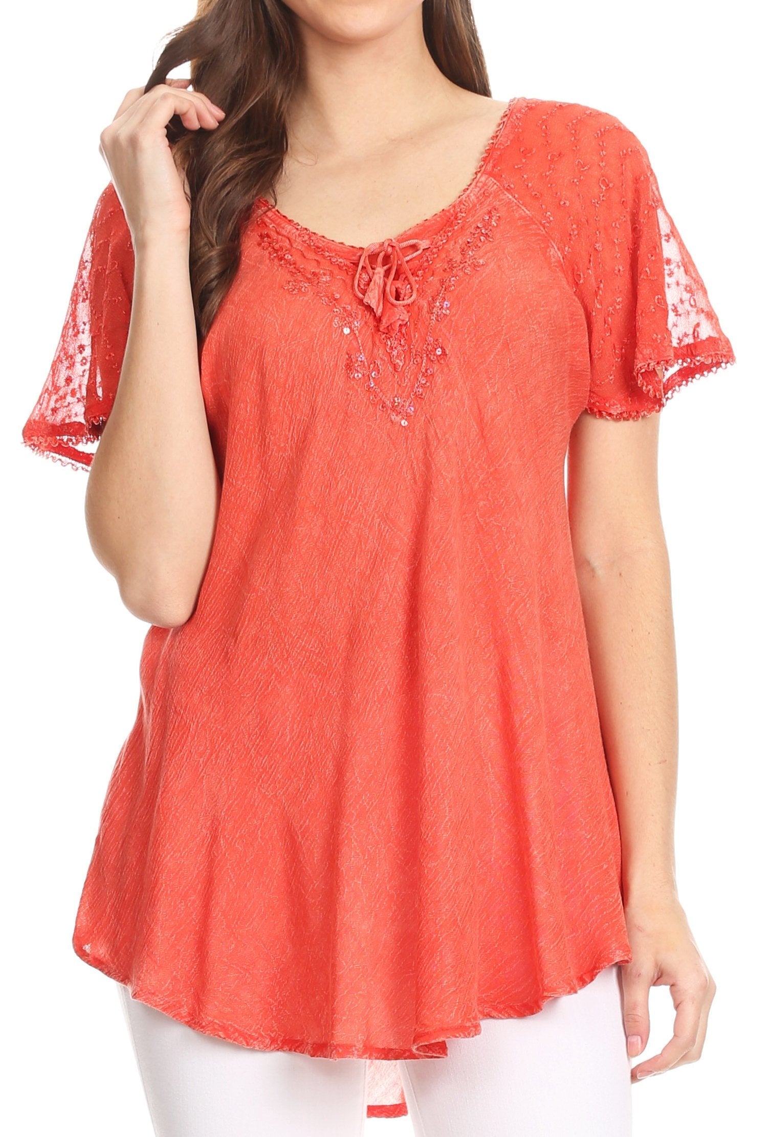 Sakkas - Ellie Sequin Embroidered Cap Sleeve Scoop Neck Relaxed Fit Blouse