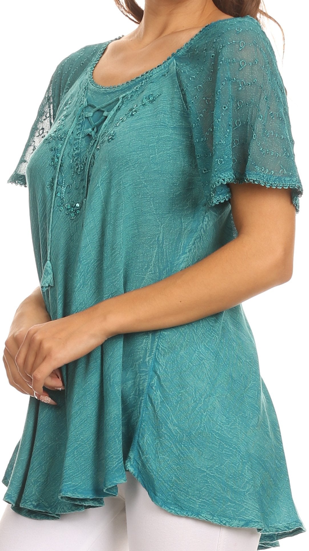 Sakkas - Ellie Sequin Embroidered Cap Sleeve Scoop Neck Relaxed Fit Blouse