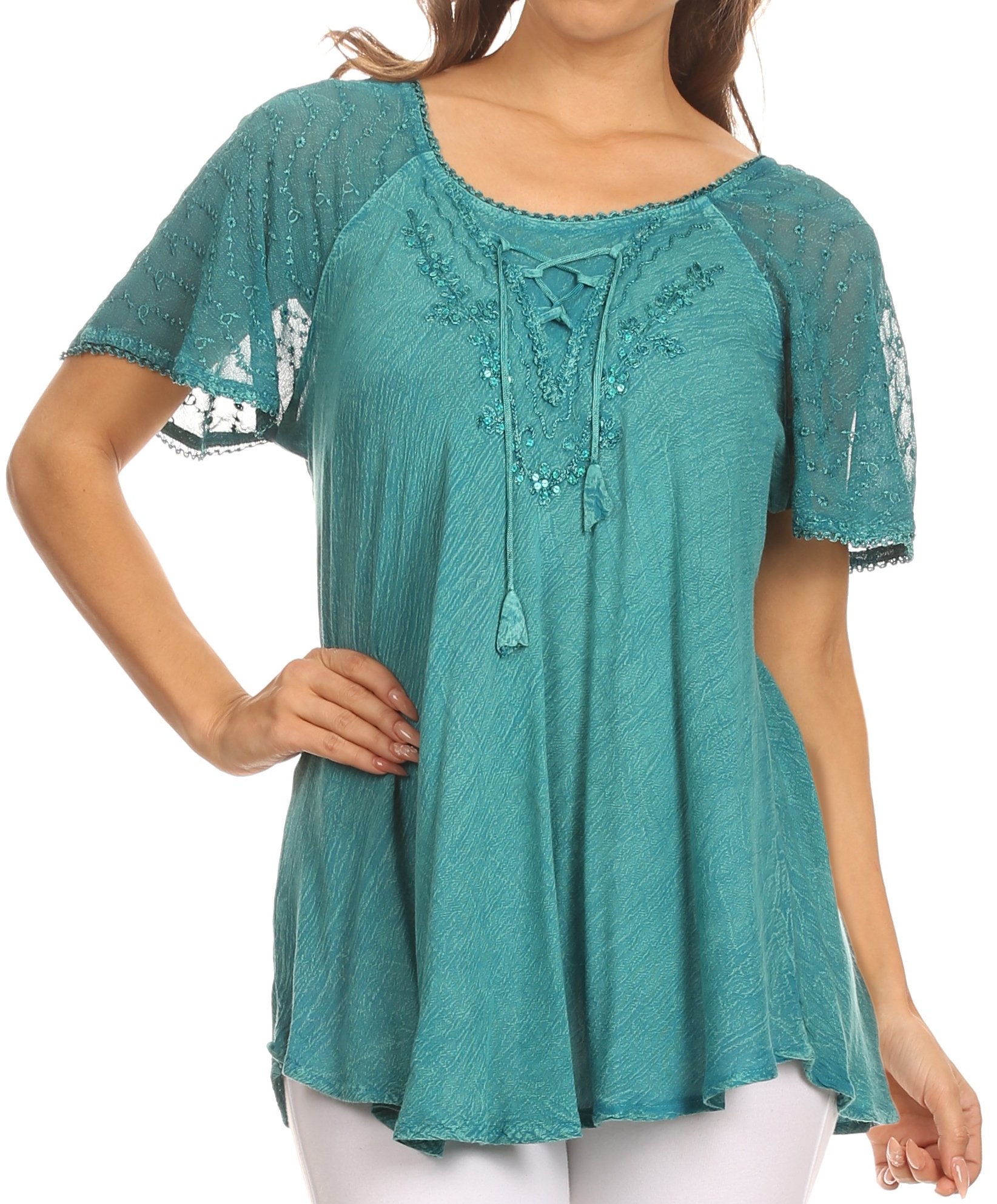 Sakkas - Ellie Sequin Embroidered Cap Sleeve Scoop Neck Relaxed Fit Blouse