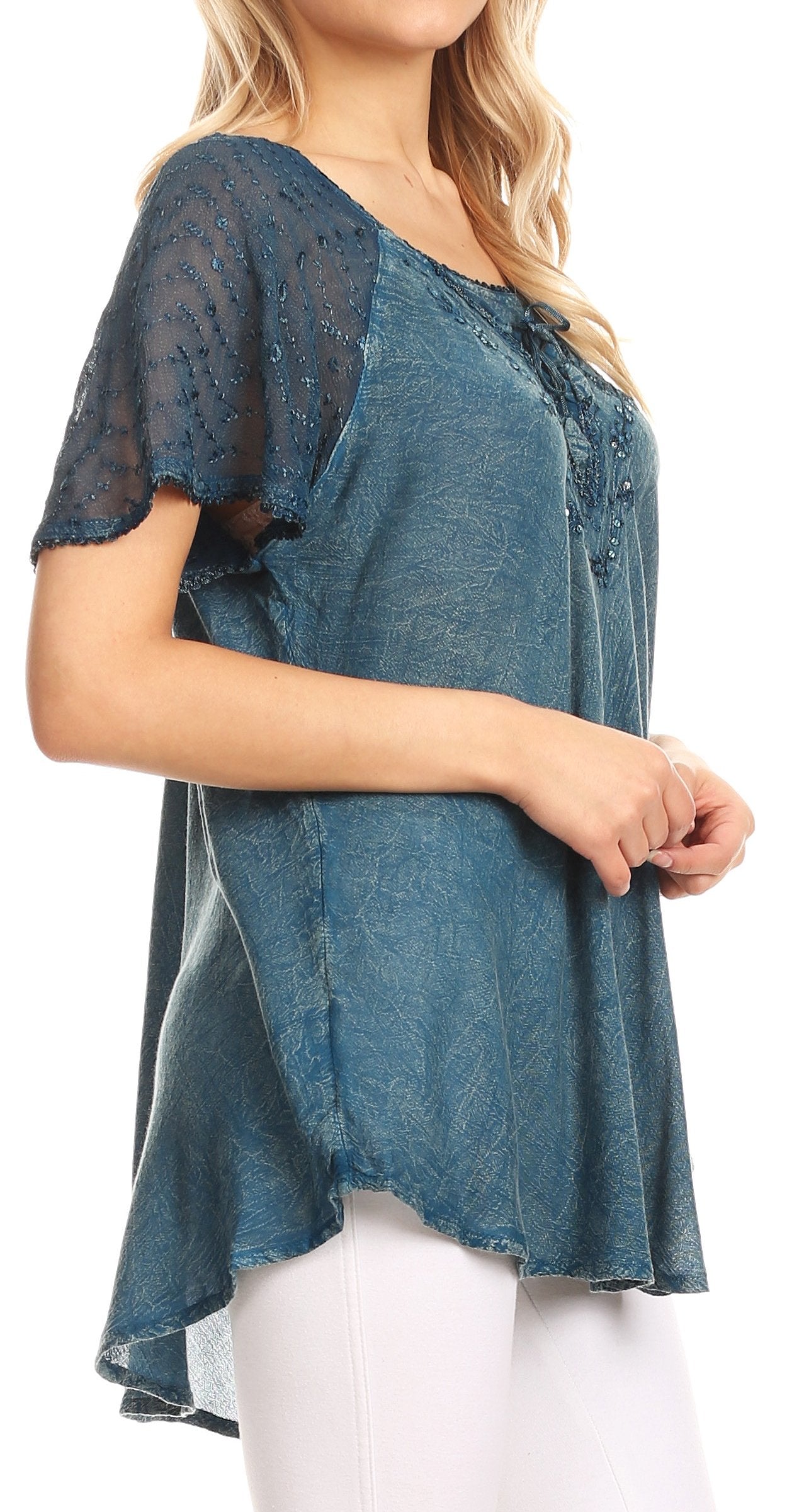 Sakkas - Ellie Sequin Embroidered Cap Sleeve Scoop Neck Relaxed Fit Blouse