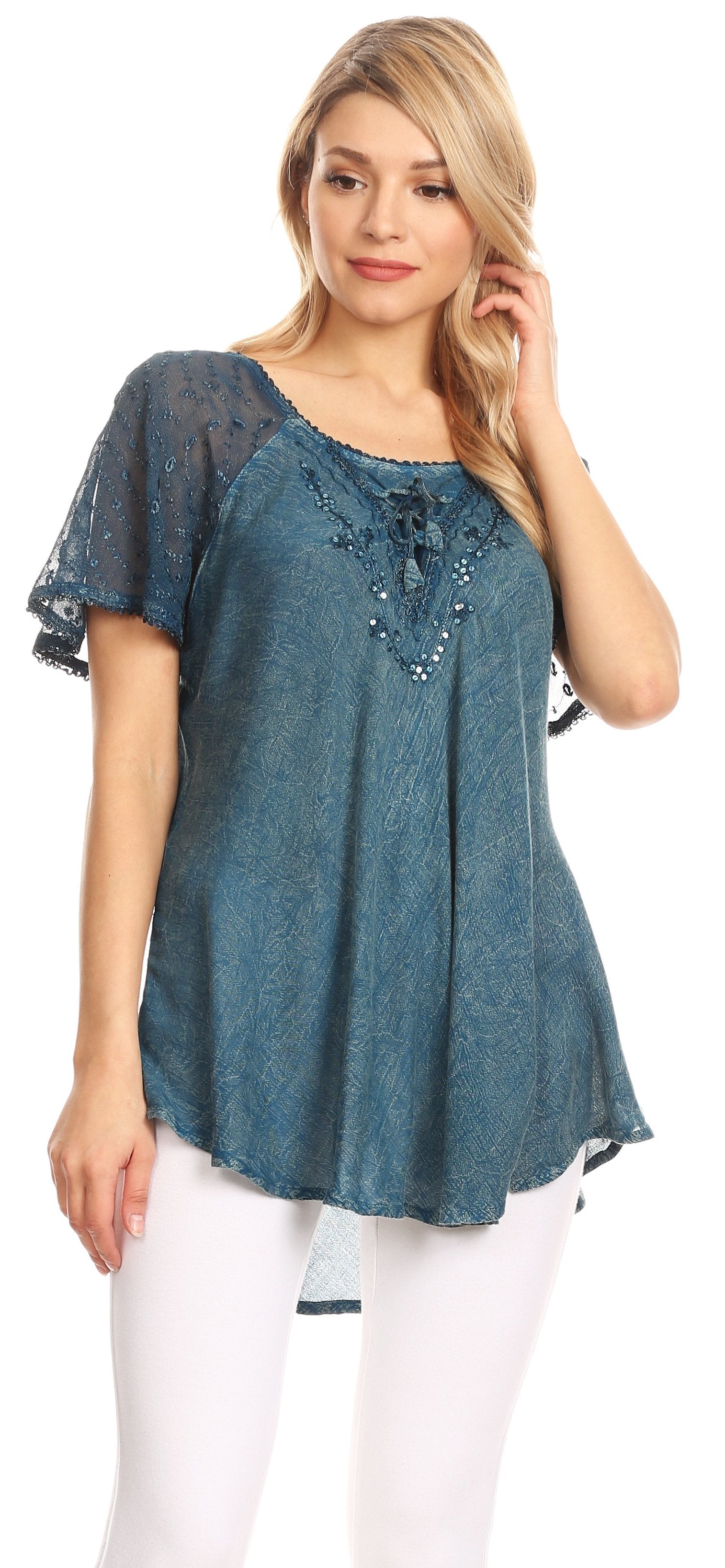 Sakkas - Ellie Sequin Embroidered Cap Sleeve Scoop Neck Relaxed Fit Blouse