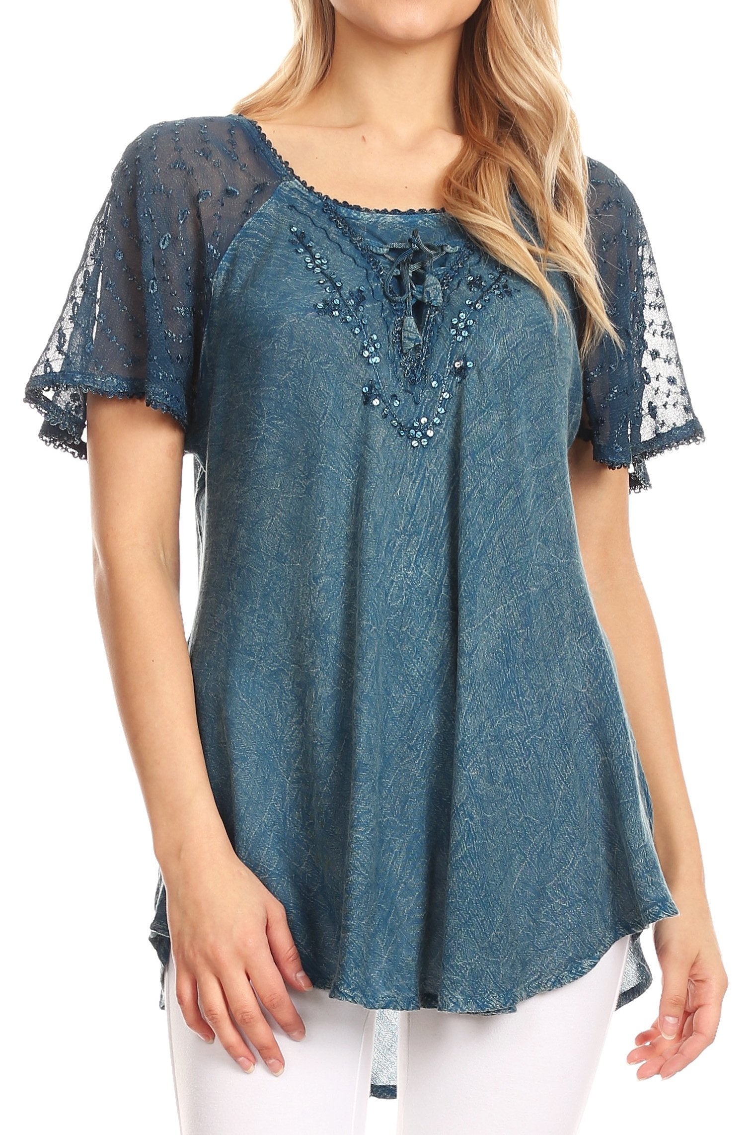 Sakkas - Ellie Sequin Embroidered Cap Sleeve Scoop Neck Relaxed Fit Blouse