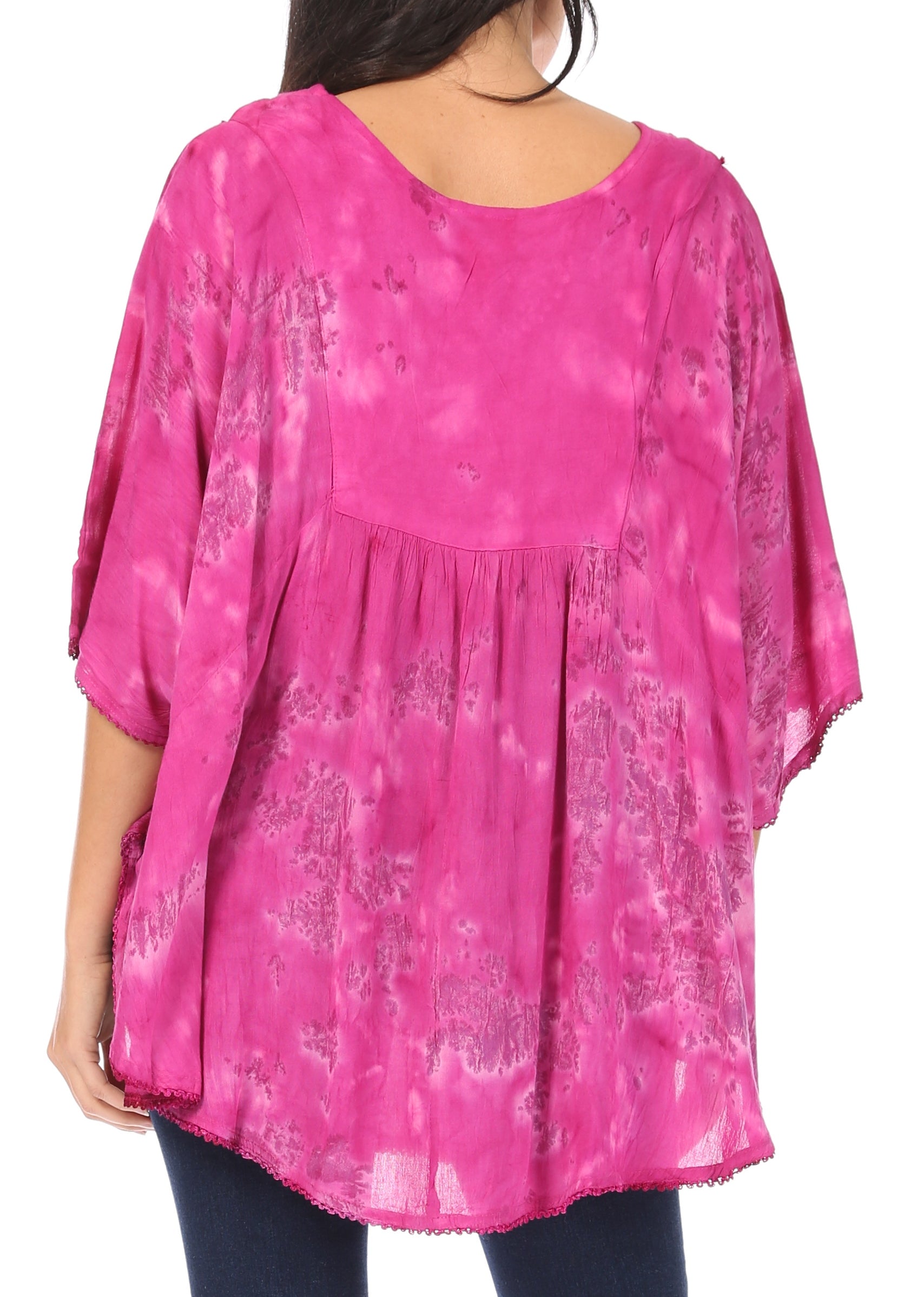 Sakkas - Cleeo Long Wide Tie Dye Lace Embroidered Sequin Poncho Blouse Top Cover Up