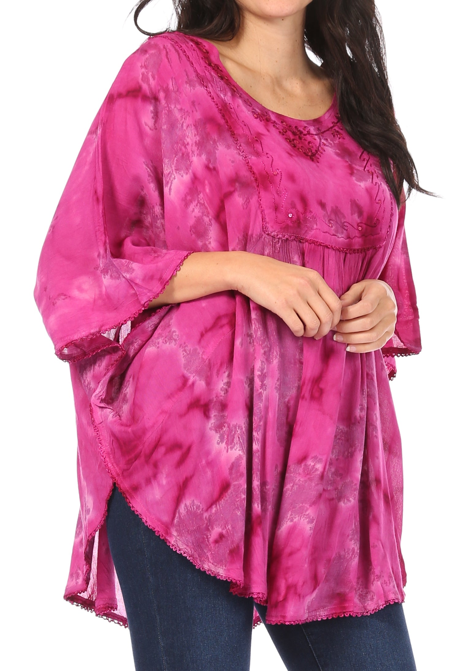 Sakkas - Cleeo Long Wide Tie Dye Lace Embroidered Sequin Poncho Blouse Top Cover Up