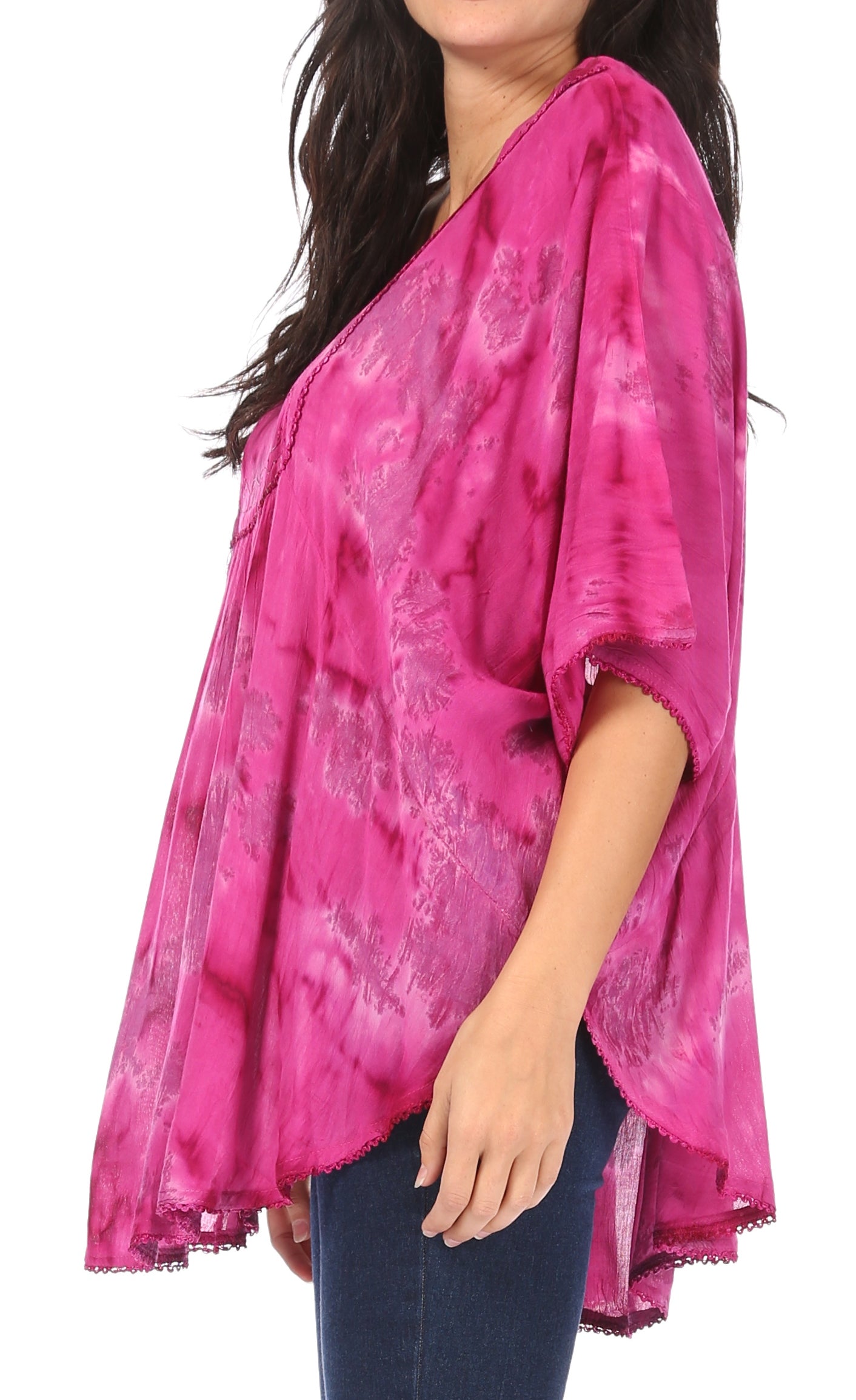 Sakkas - Cleeo Long Wide Tie Dye Lace Embroidered Sequin Poncho Blouse Top Cover Up