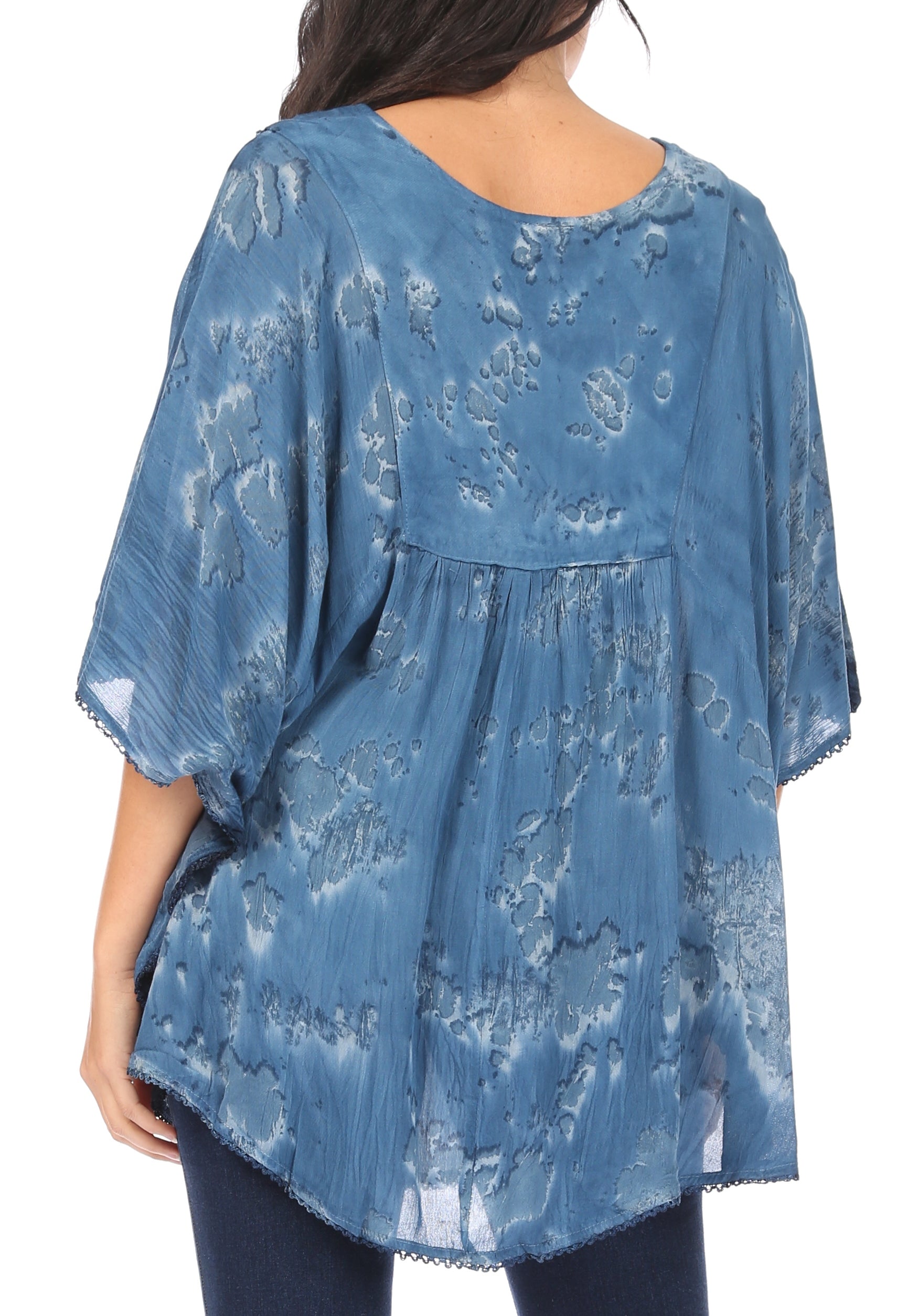 Sakkas - Cleeo Long Wide Tie Dye Lace Embroidered Sequin Poncho Blouse Top Cover Up