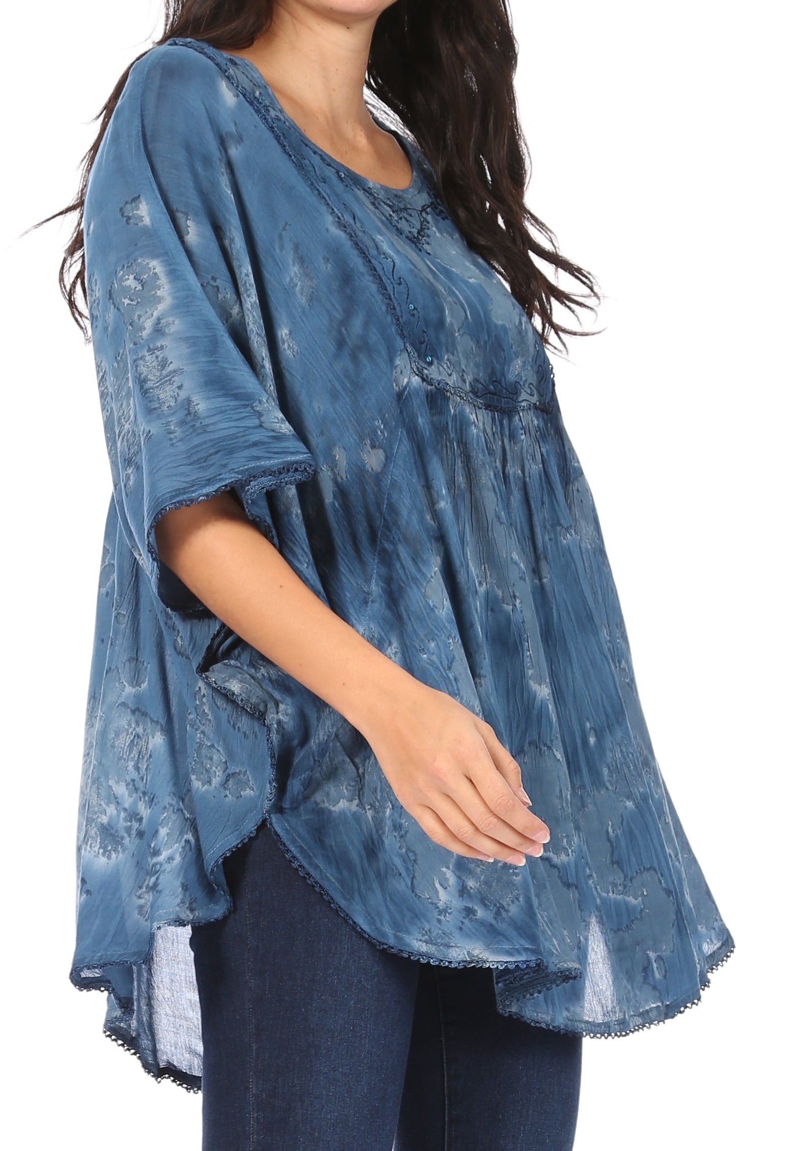 Sakkas - Cleeo Long Wide Tie Dye Lace Embroidered Sequin Poncho Blouse Top Cover Up