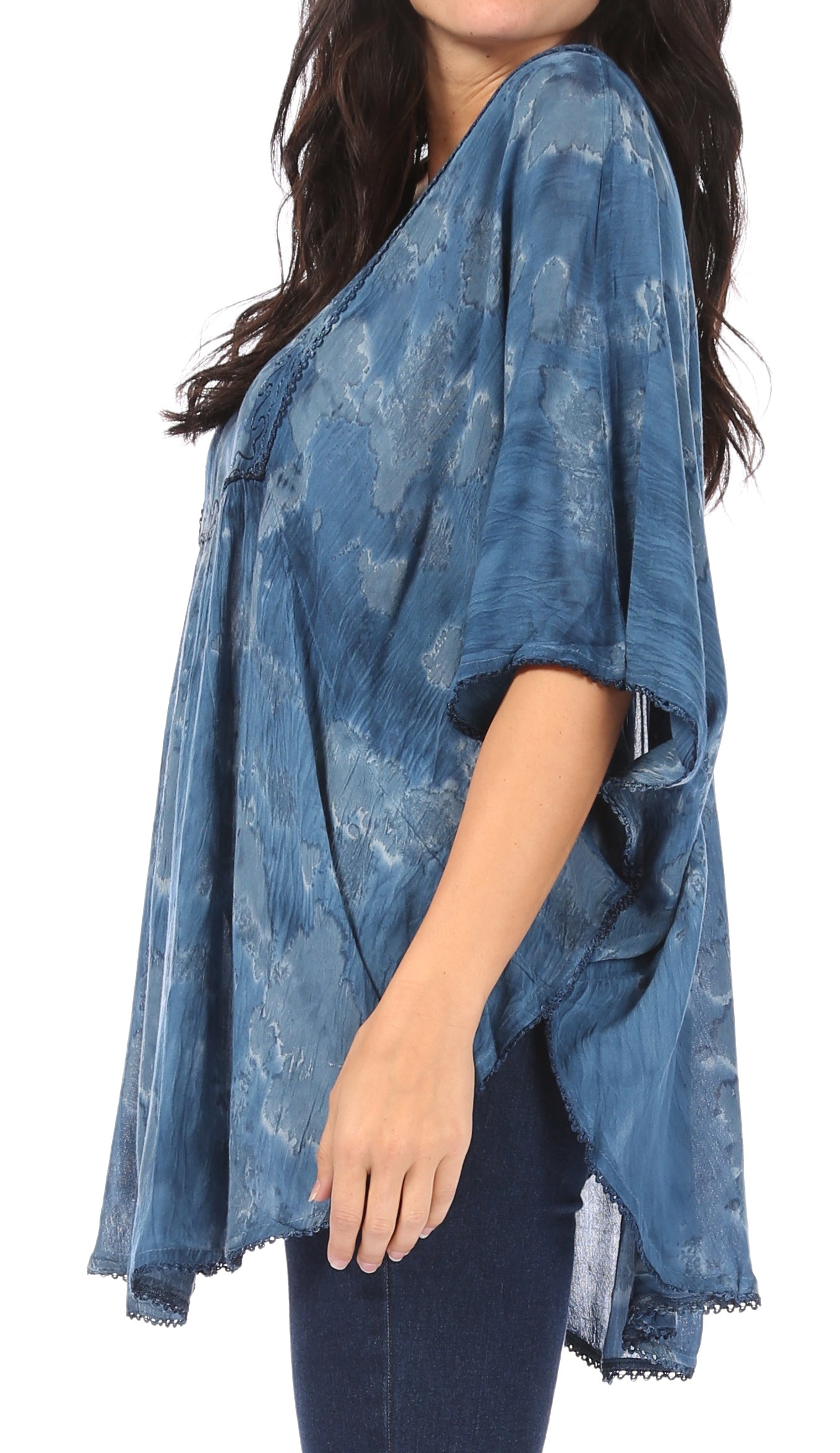 Sakkas - Cleeo Long Wide Tie Dye Lace Embroidered Sequin Poncho Blouse Top Cover Up
