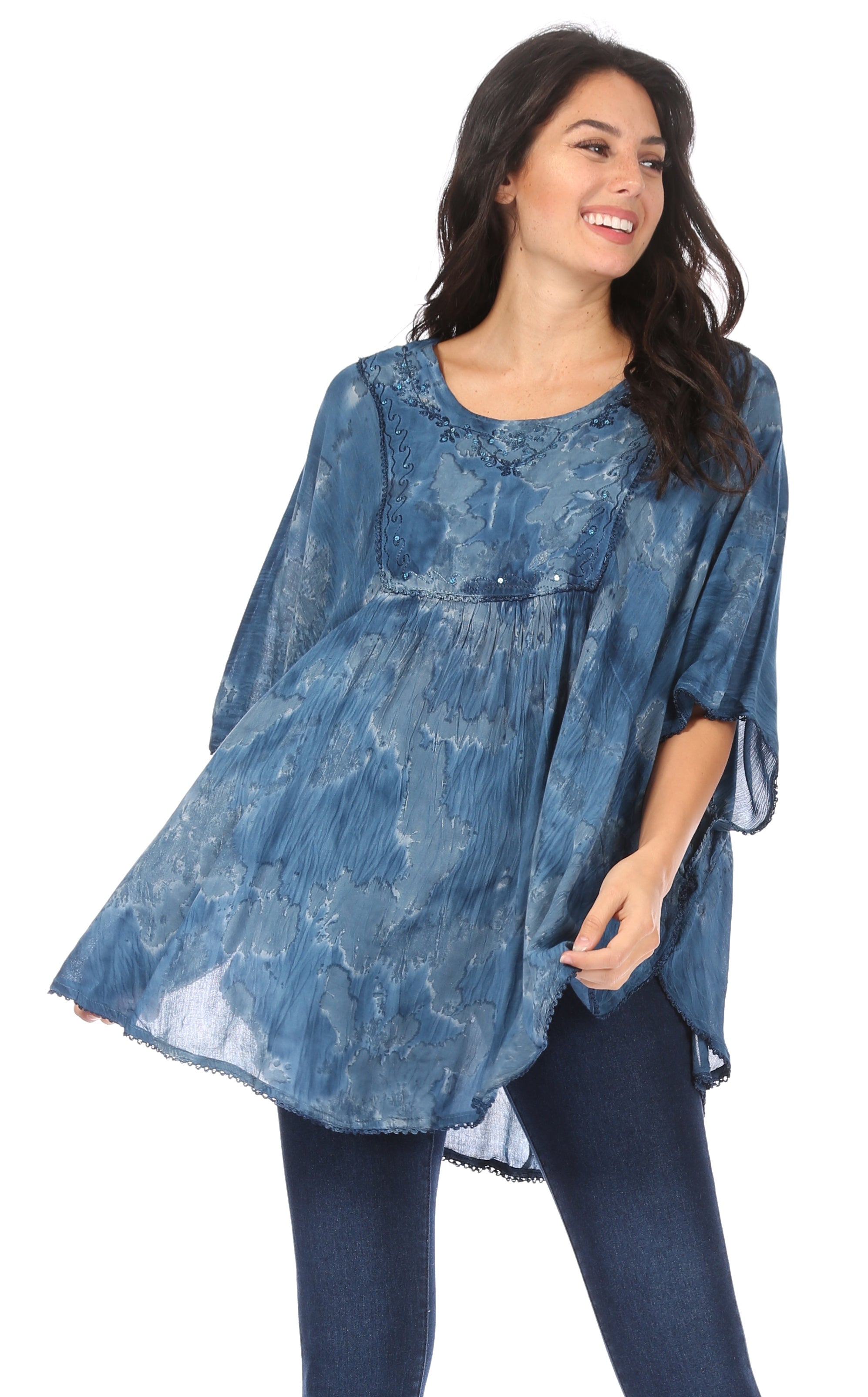 Sakkas - Cleeo Long Wide Tie Dye Lace Embroidered Sequin Poncho Blouse Top Cover Up