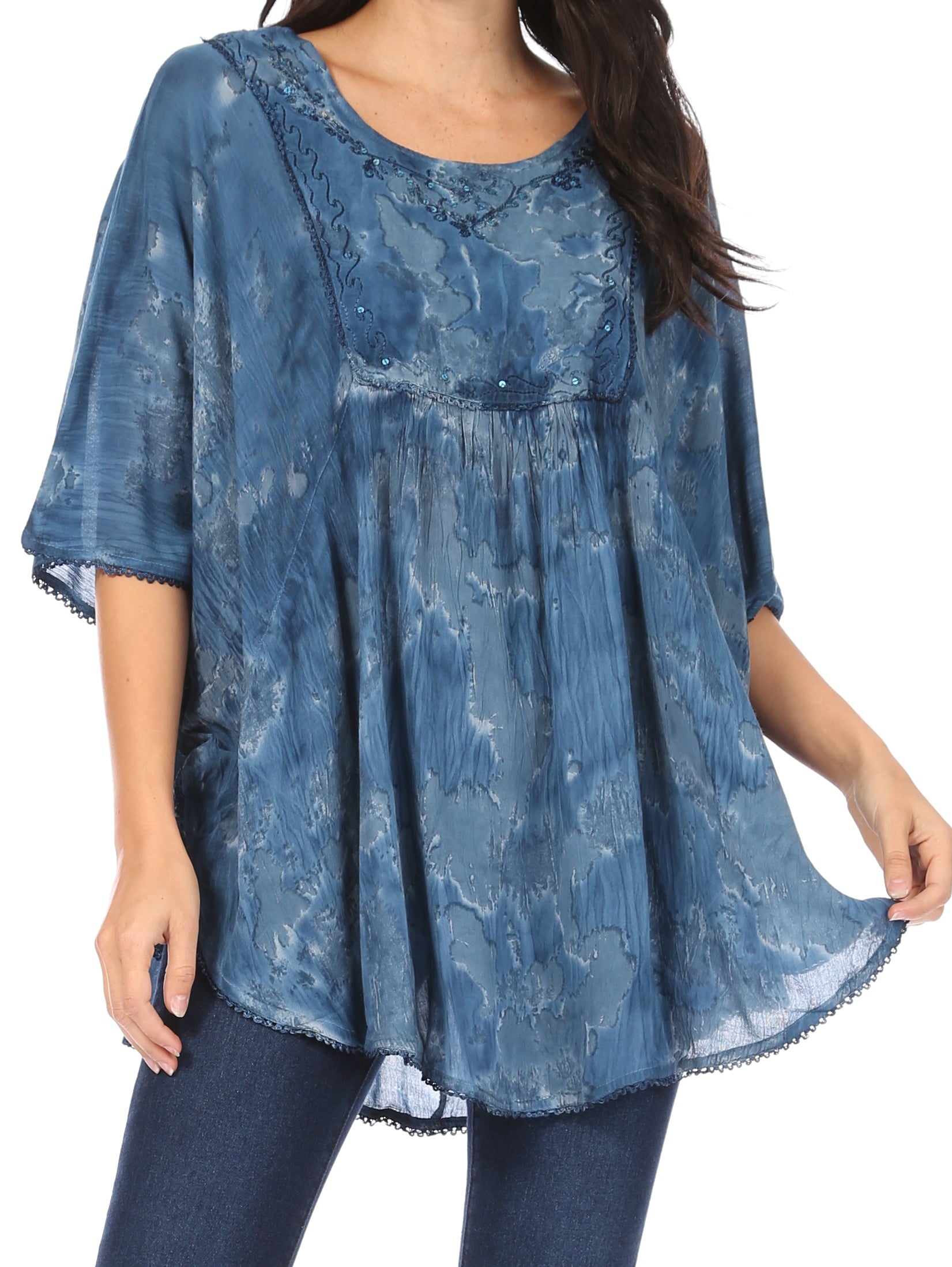 Sakkas - Cleeo Long Wide Tie Dye Lace Embroidered Sequin Poncho Blouse Top Cover Up
