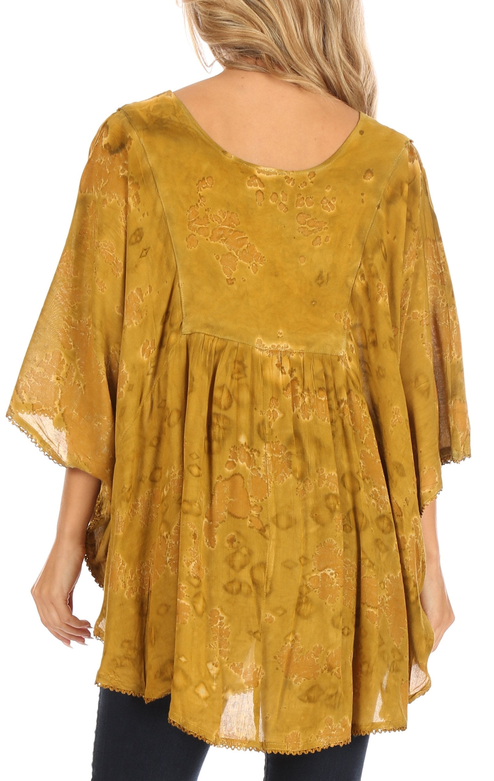 Sakkas - Cleeo Long Wide Tie Dye Lace Embroidered Sequin Poncho Blouse Top Cover Up