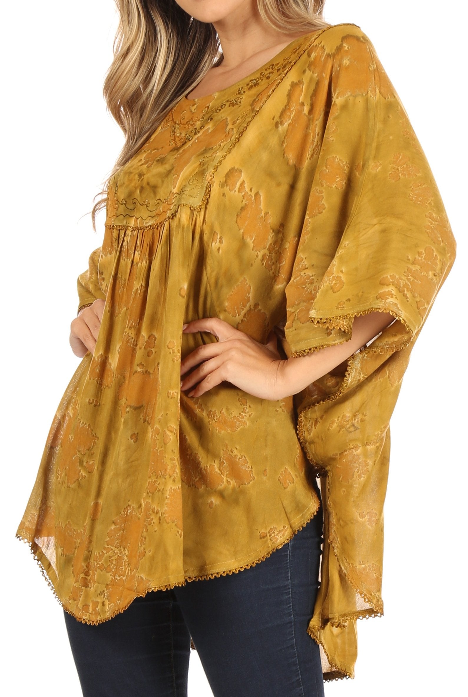 Sakkas - Cleeo Long Wide Tie Dye Lace Embroidered Sequin Poncho Blouse Top Cover Up