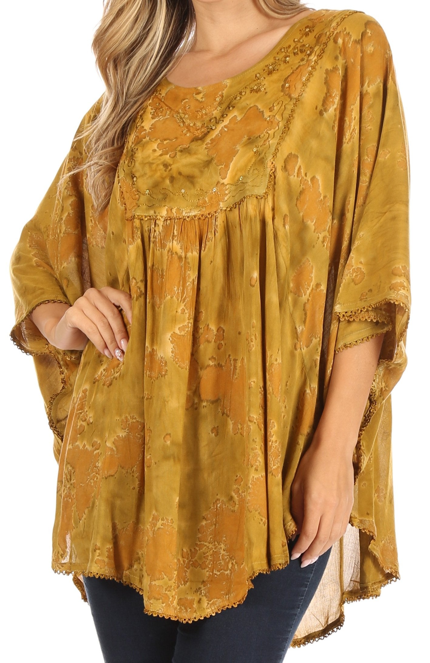 Sakkas - Cleeo Long Wide Tie Dye Lace Embroidered Sequin Poncho Blouse Top Cover Up