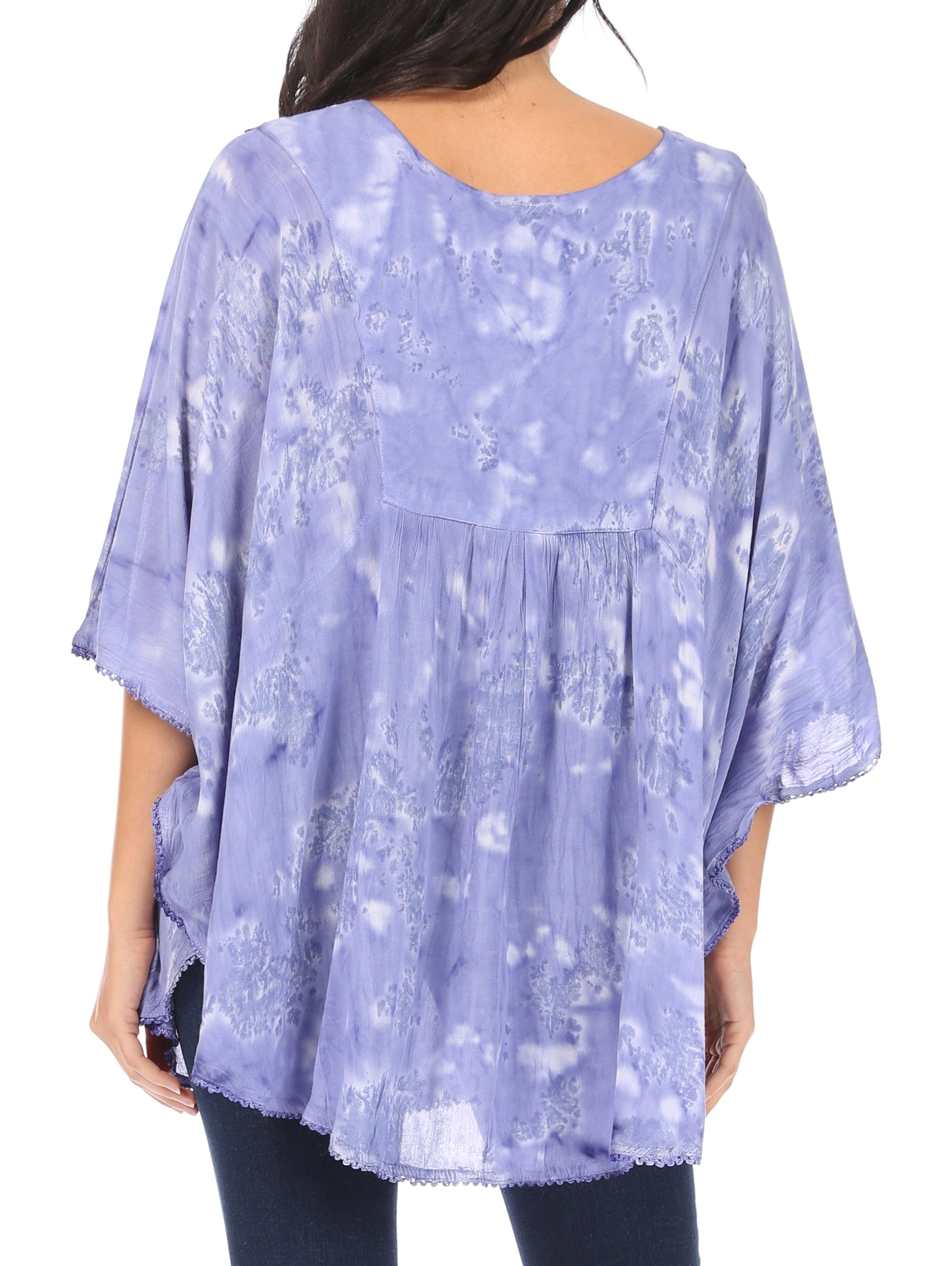 Sakkas - Cleeo Long Wide Tie Dye Lace Embroidered Sequin Poncho Blouse Top Cover Up