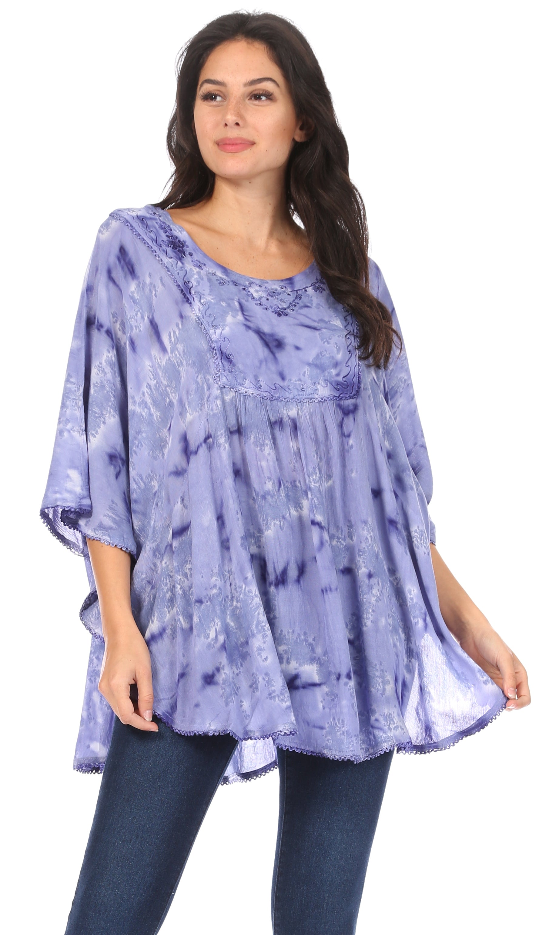 Sakkas - Cleeo Long Wide Tie Dye Lace Embroidered Sequin Poncho Blouse Top Cover Up
