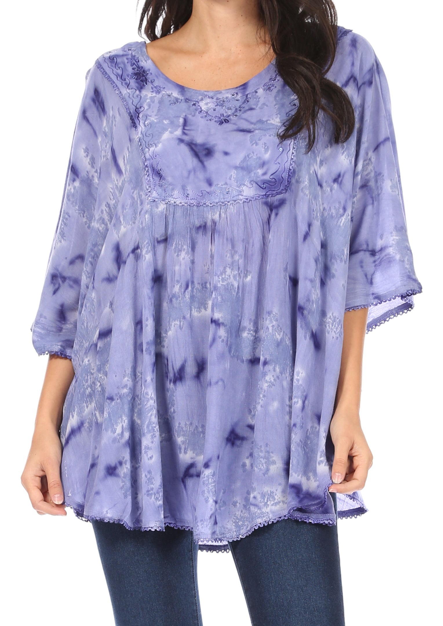 Sakkas - Cleeo Long Wide Tie Dye Lace Embroidered Sequin Poncho Blouse Top Cover Up