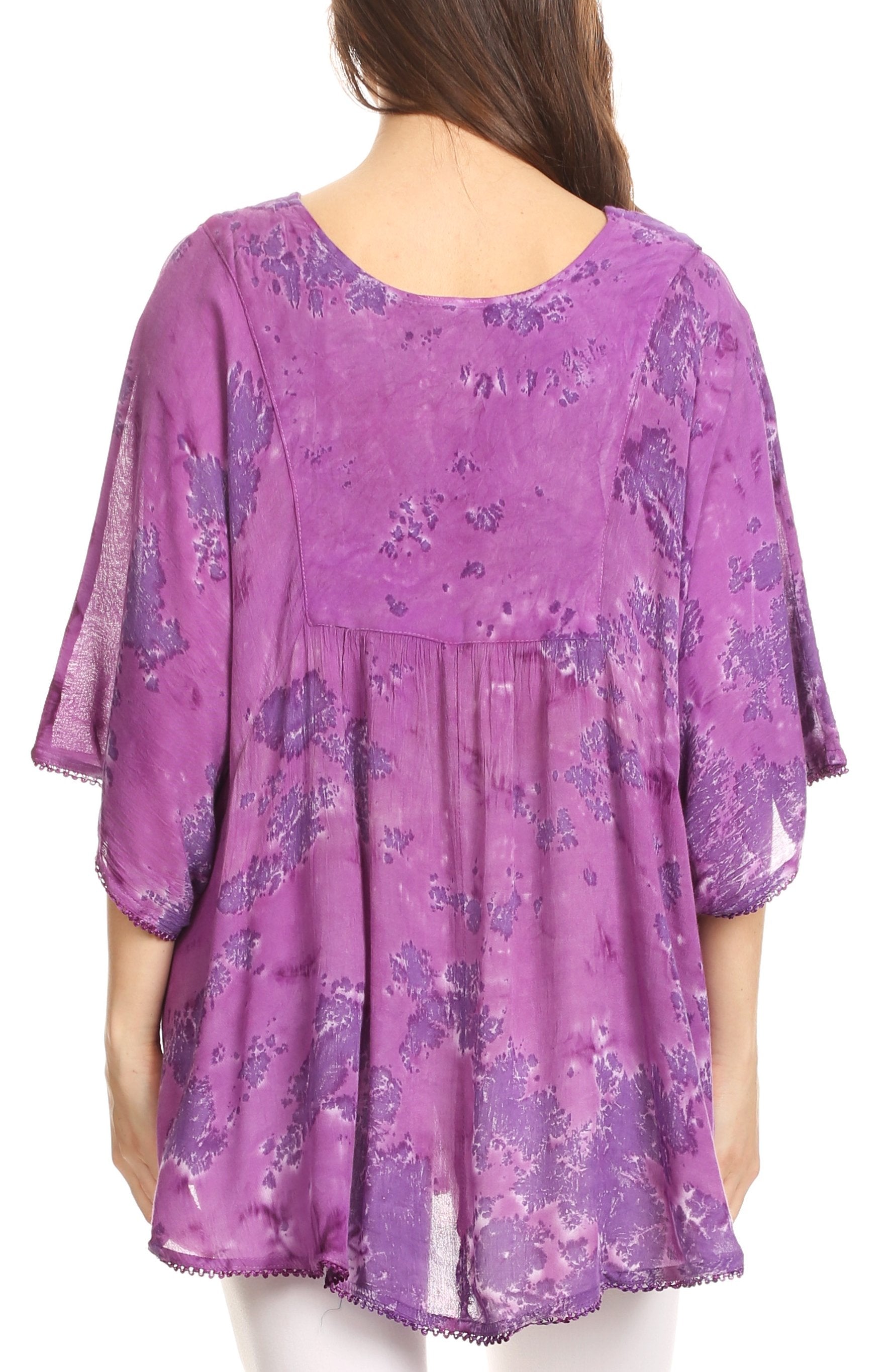 Sakkas - Cleeo Long Wide Tie Dye Lace Embroidered Sequin Poncho Blouse Top Cover Up