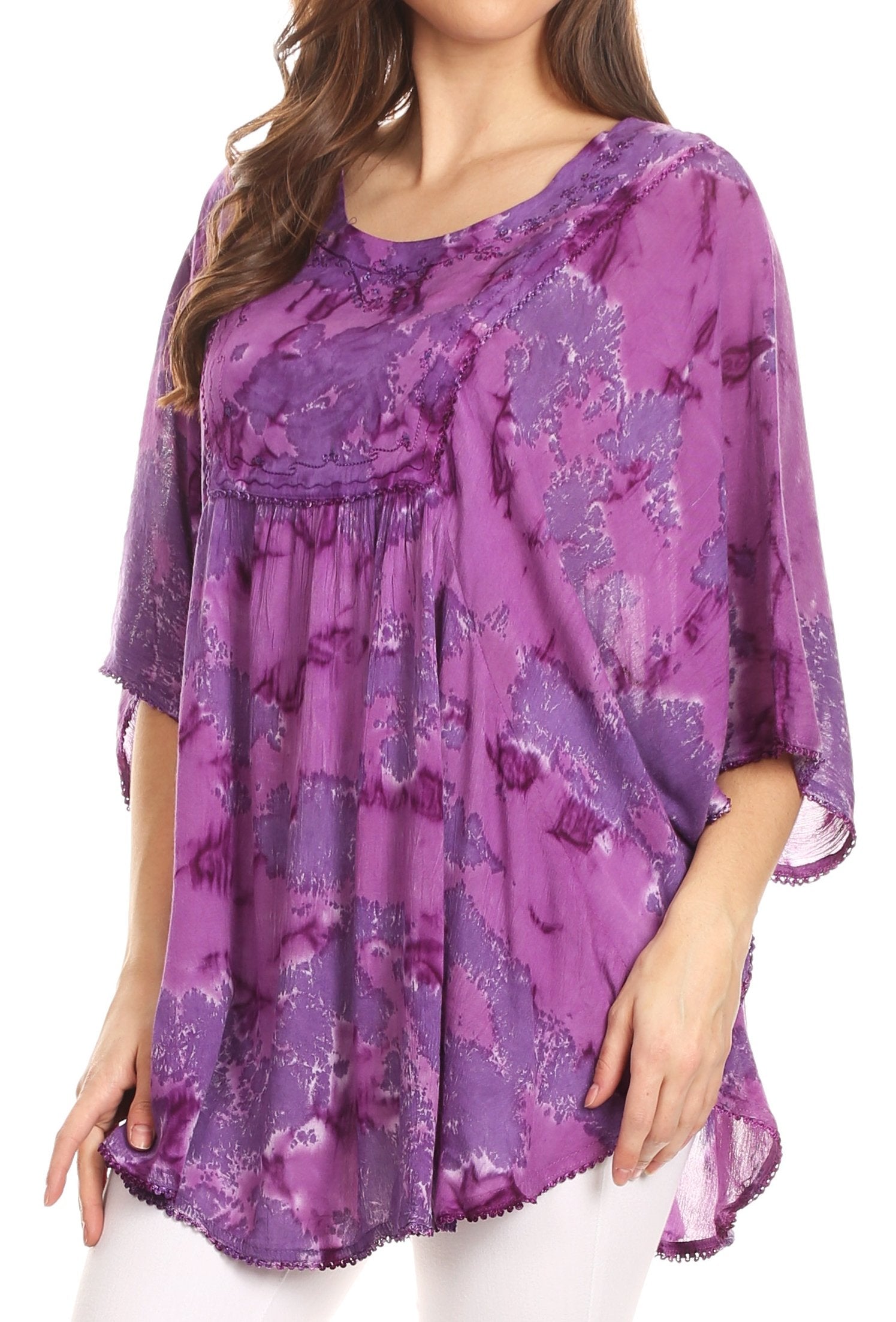 Sakkas - Cleeo Long Wide Tie Dye Lace Embroidered Sequin Poncho Blouse Top Cover Up