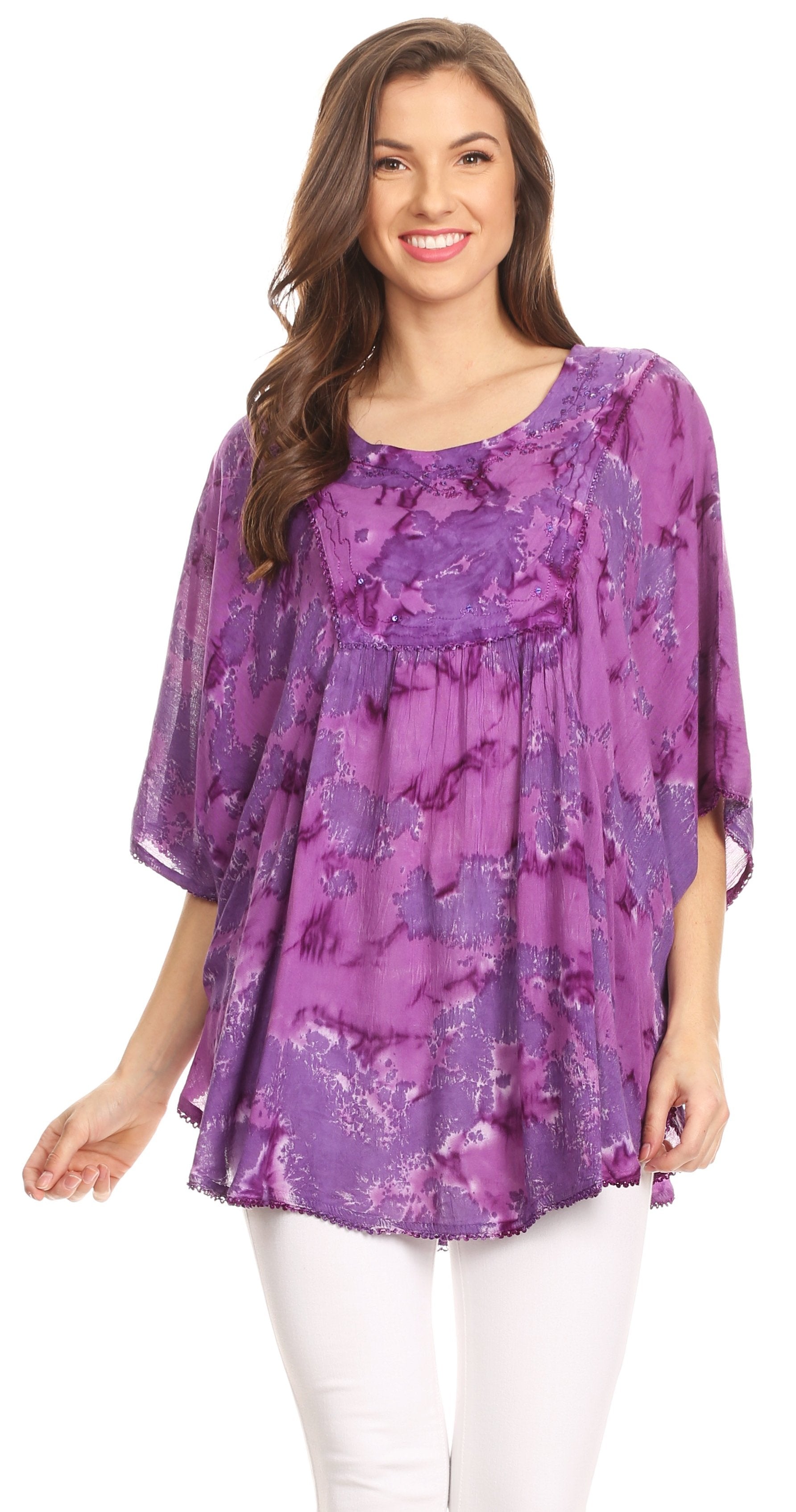Sakkas - Cleeo Long Wide Tie Dye Lace Embroidered Sequin Poncho Blouse Top Cover Up