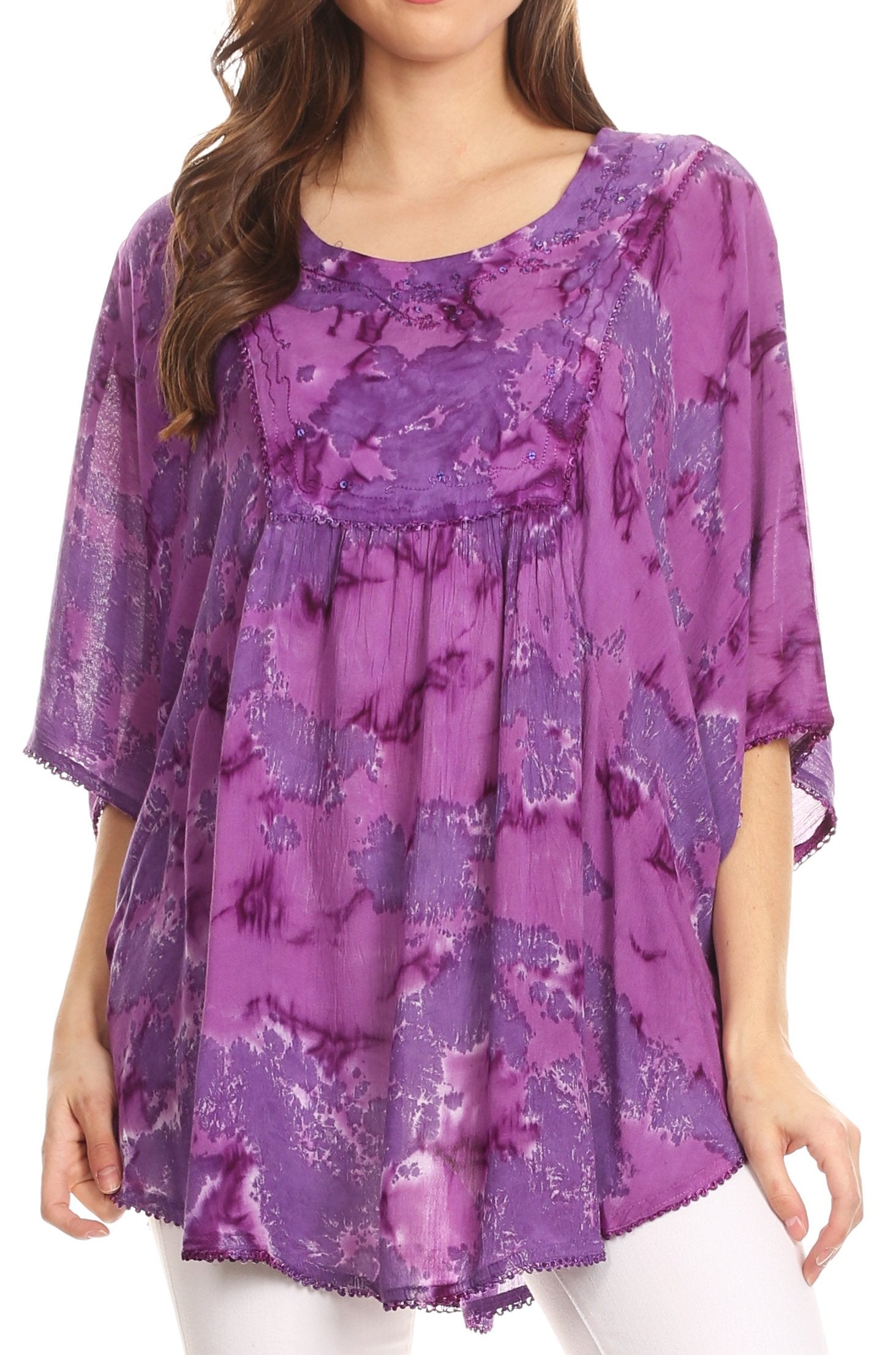 Sakkas - Cleeo Long Wide Tie Dye Lace Embroidered Sequin Poncho Blouse Top Cover Up