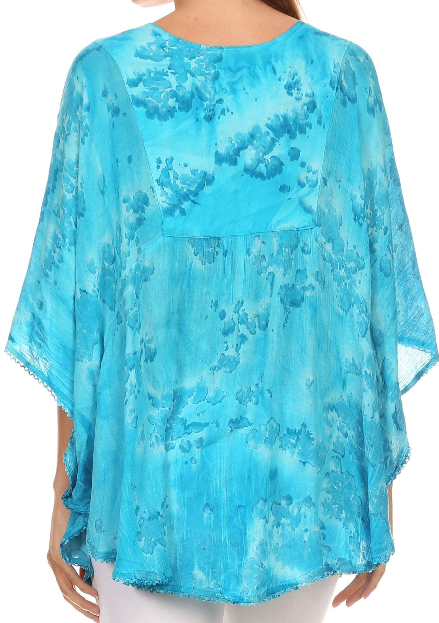Sakkas - Cleeo Long Wide Tie Dye Lace Embroidered Sequin Poncho Blouse Top Cover Up
