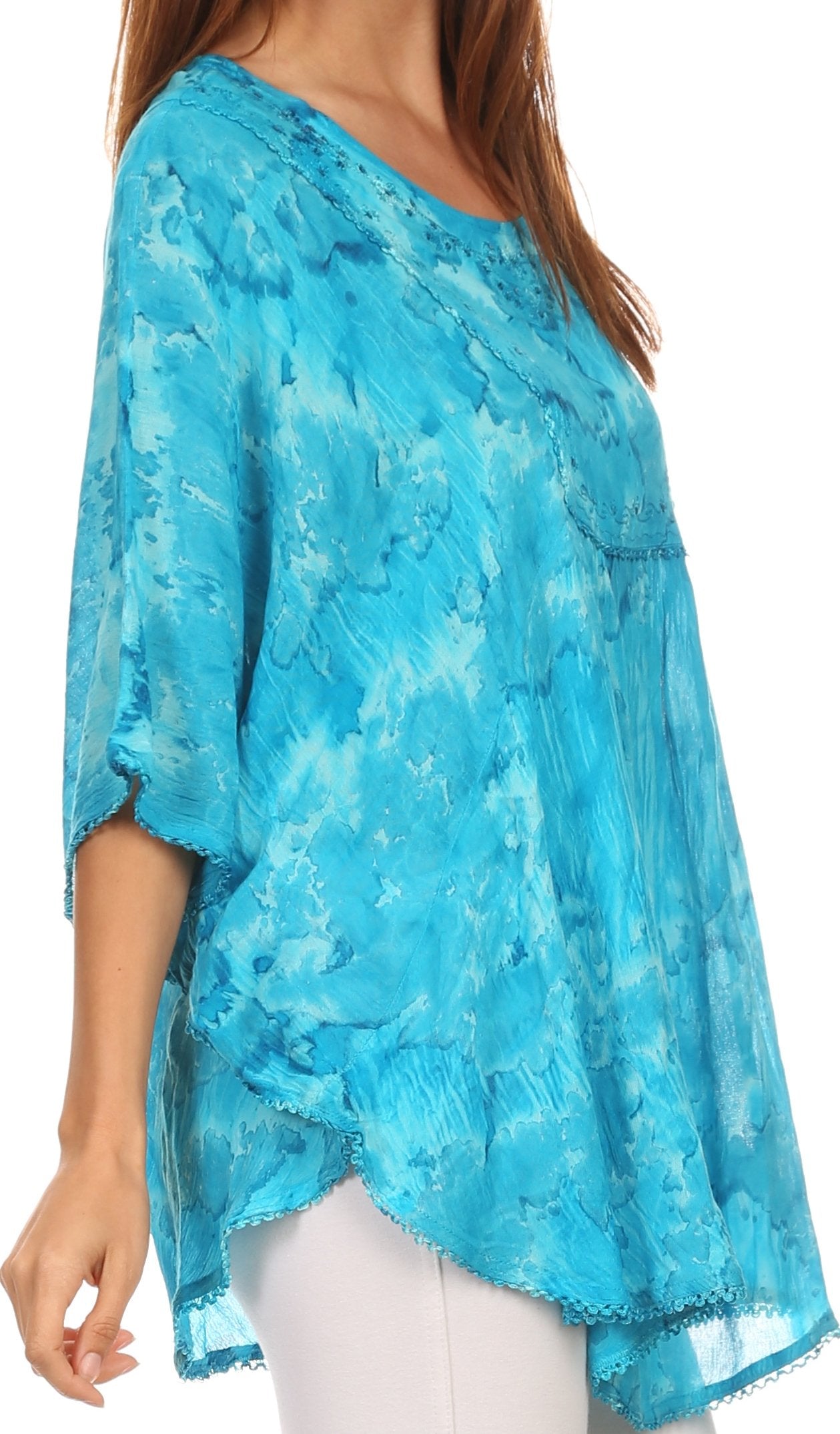 Sakkas - Cleeo Long Wide Tie Dye Lace Embroidered Sequin Poncho Blouse Top Cover Up