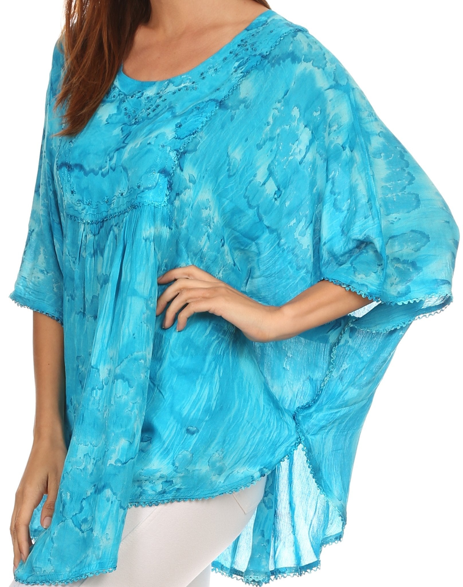 Sakkas - Cleeo Long Wide Tie Dye Lace Embroidered Sequin Poncho Blouse Top Cover Up