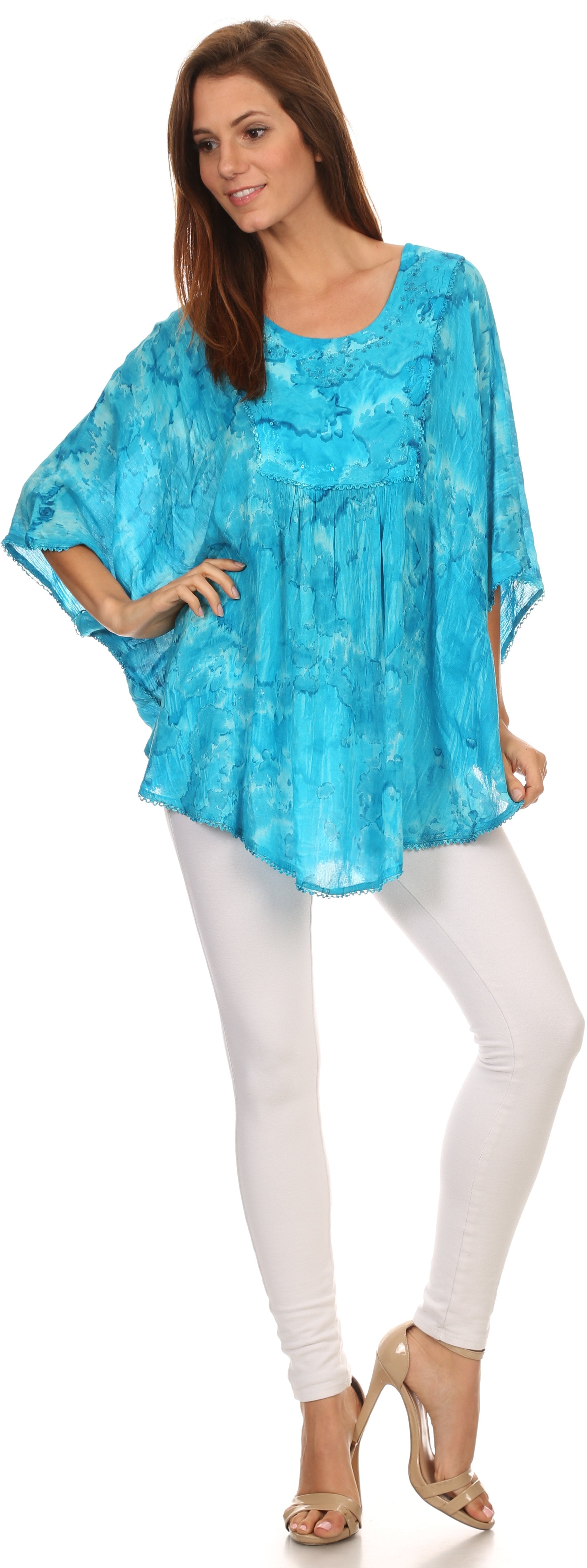 Sakkas - Cleeo Long Wide Tie Dye Lace Embroidered Sequin Poncho Blouse Top Cover Up