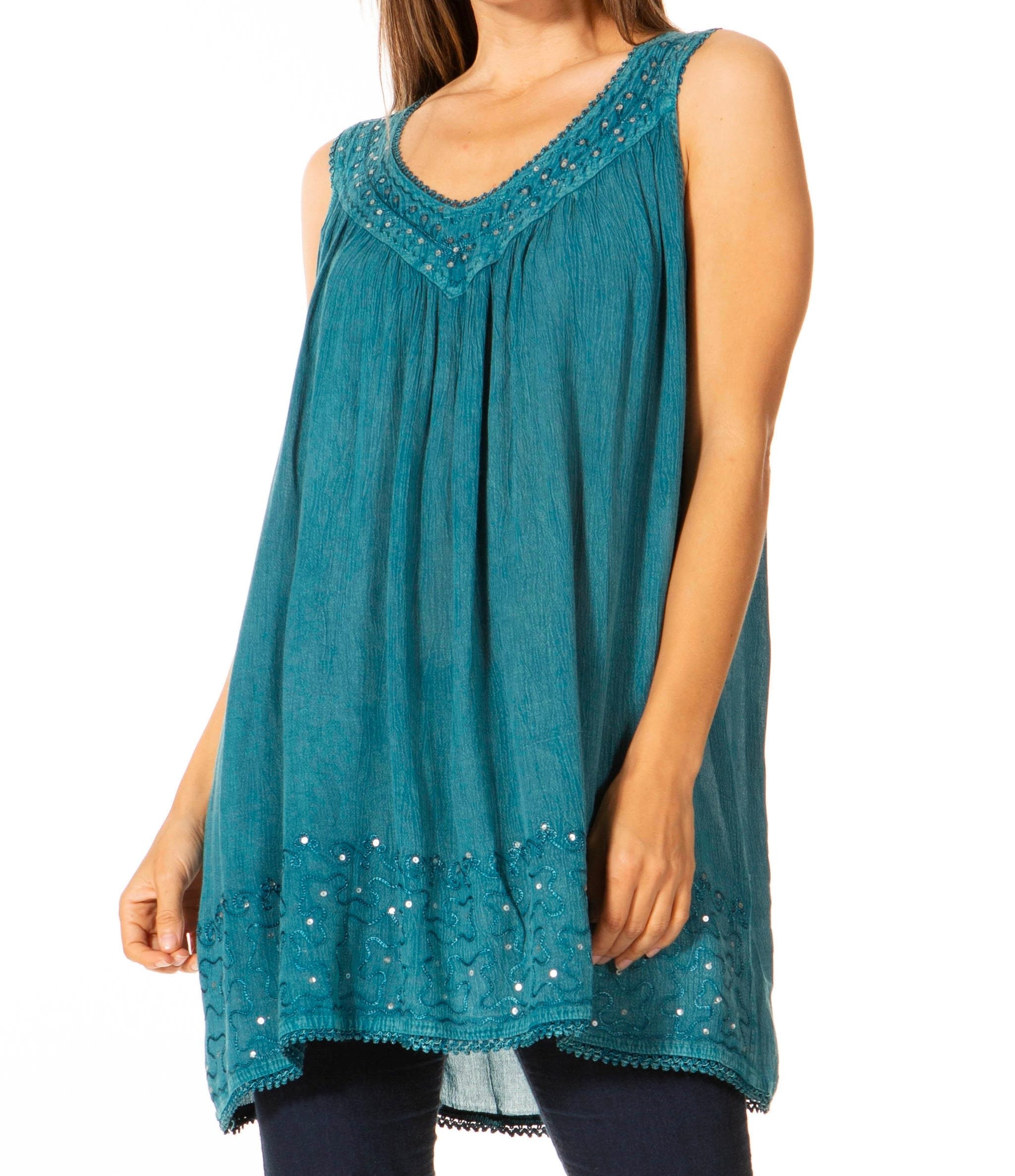 Teal sleeveless top with embellishments on a white background