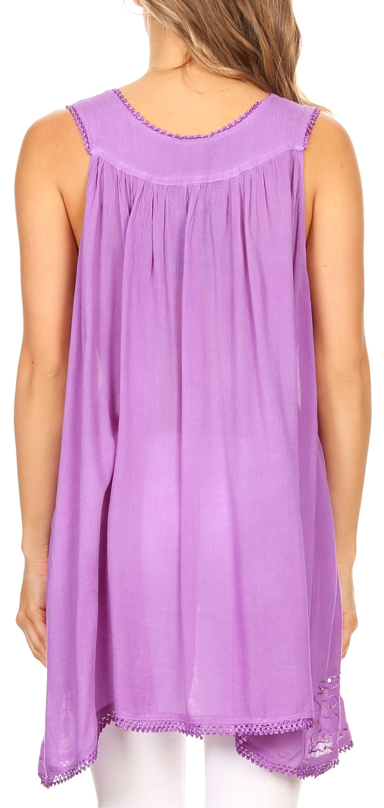 Purple sleeveless top worn by a person, with a focus on the garment.