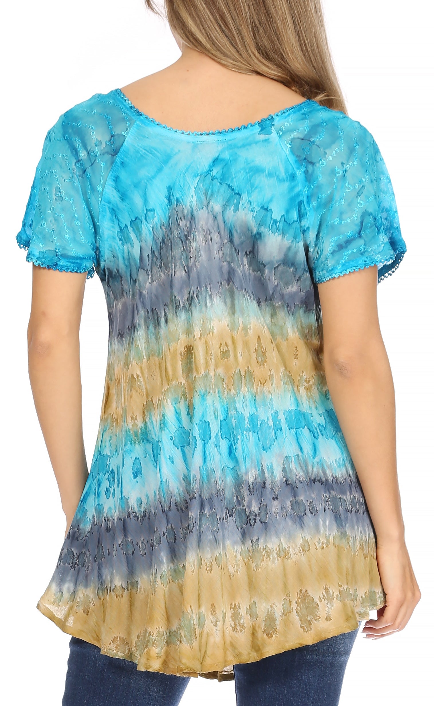 Sakkas - Monet Long Tall Tie Dye Ombre Embroidered Cap Sleeve Blouse
